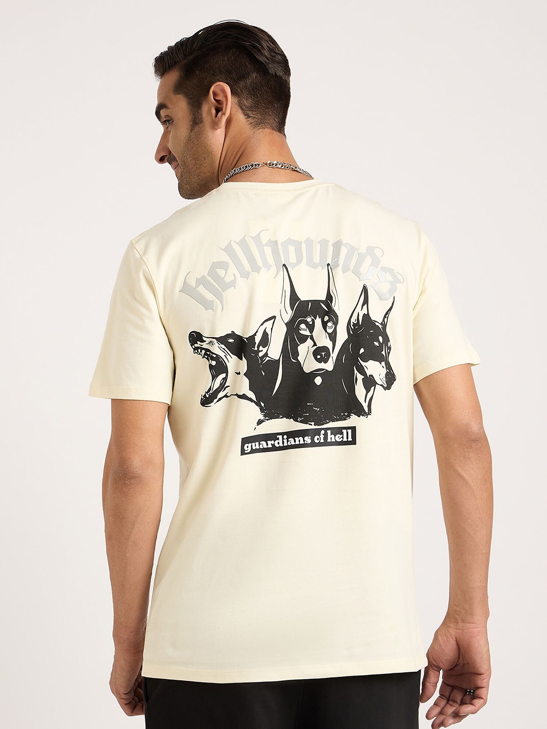 

EDRIO Graphic Printed Round Neck Cotton T-shirt, Cream