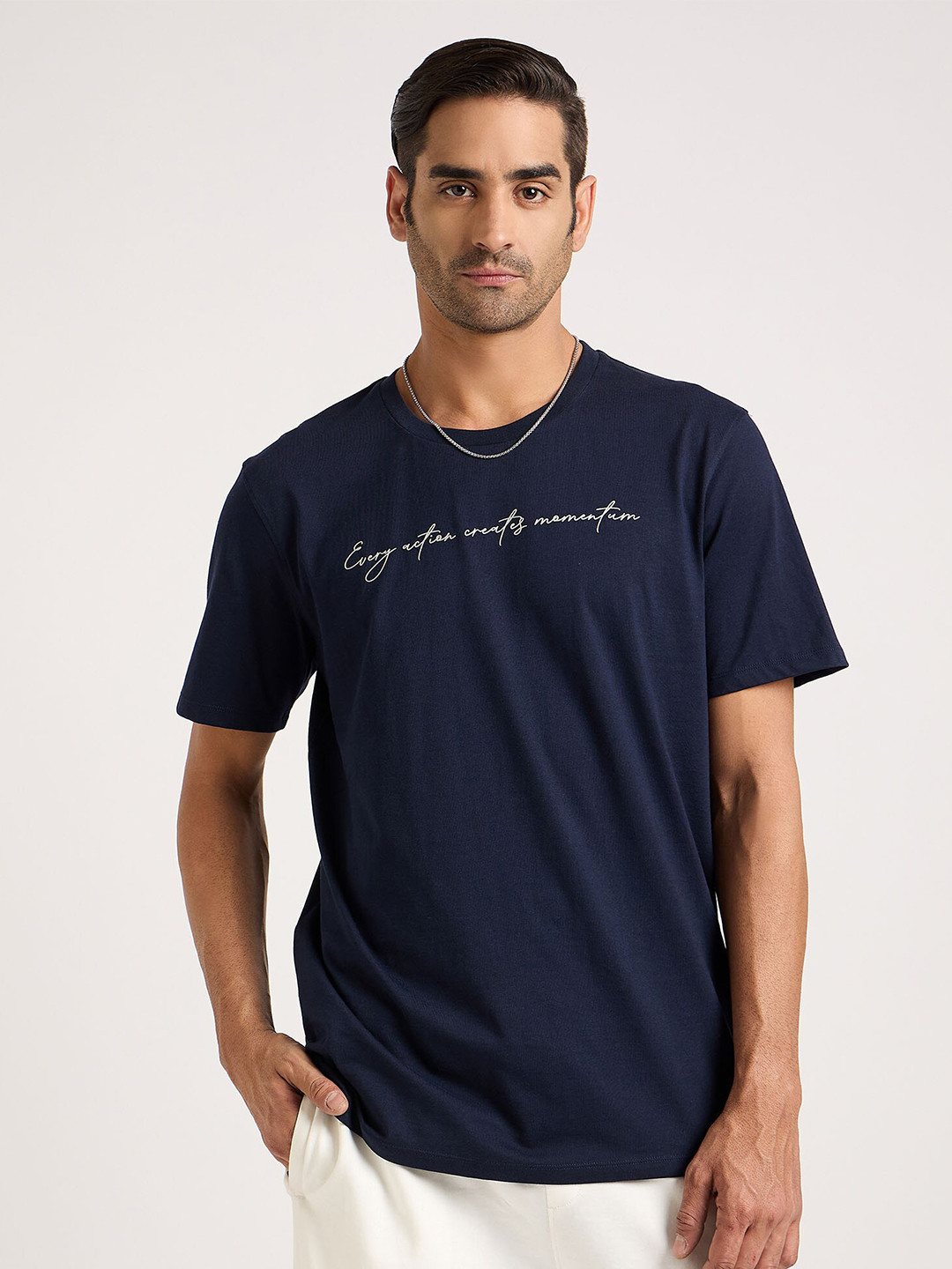 

EDRIO Typography Printed Round Neck Cotton Casual T-shirt, Navy blue