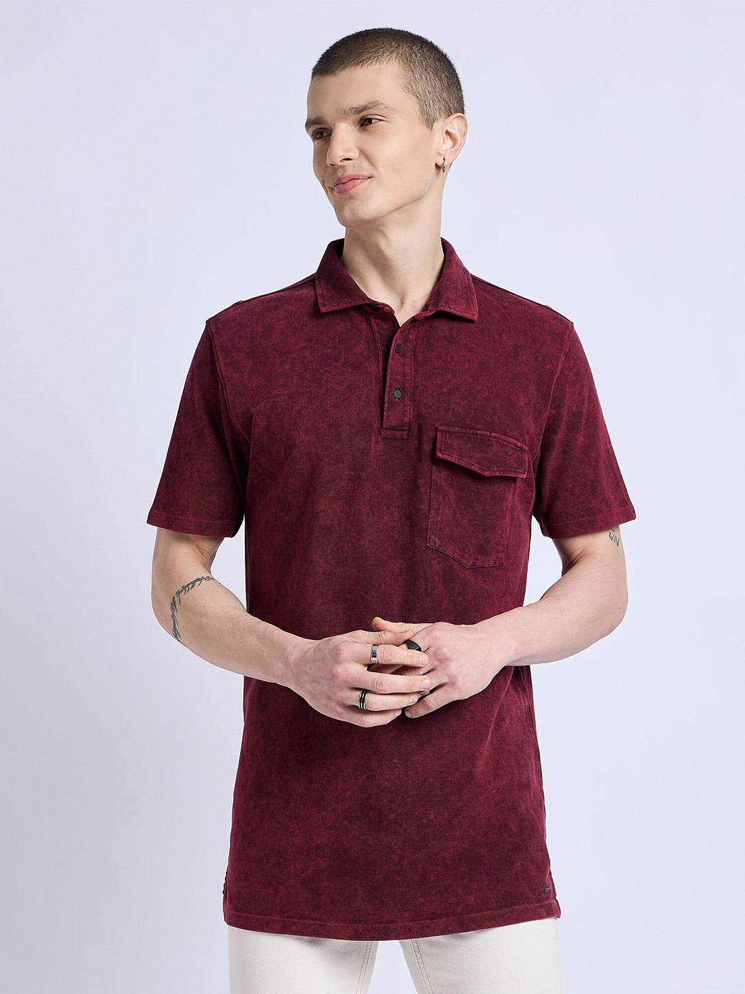 

EDRIO Polo Collar Short Sleeves Longline Cotton Casual T-shirt, Maroon