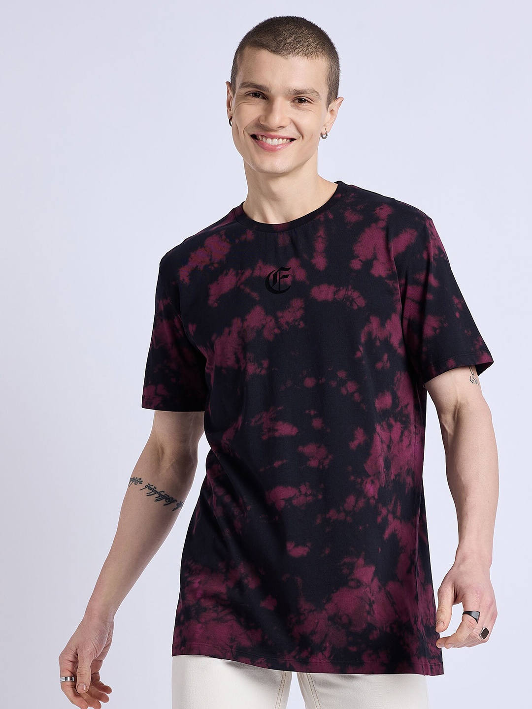 

EDRIO Tie & Dye Printed Round Neck Short Sleeves T-shirt, Black