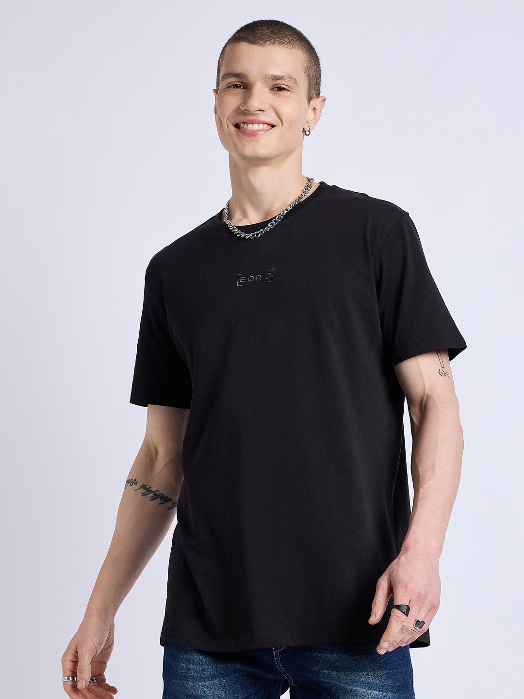 

EDRIO Typography Printed Round Neck Short Sleeves Cotton T-shirt, Black