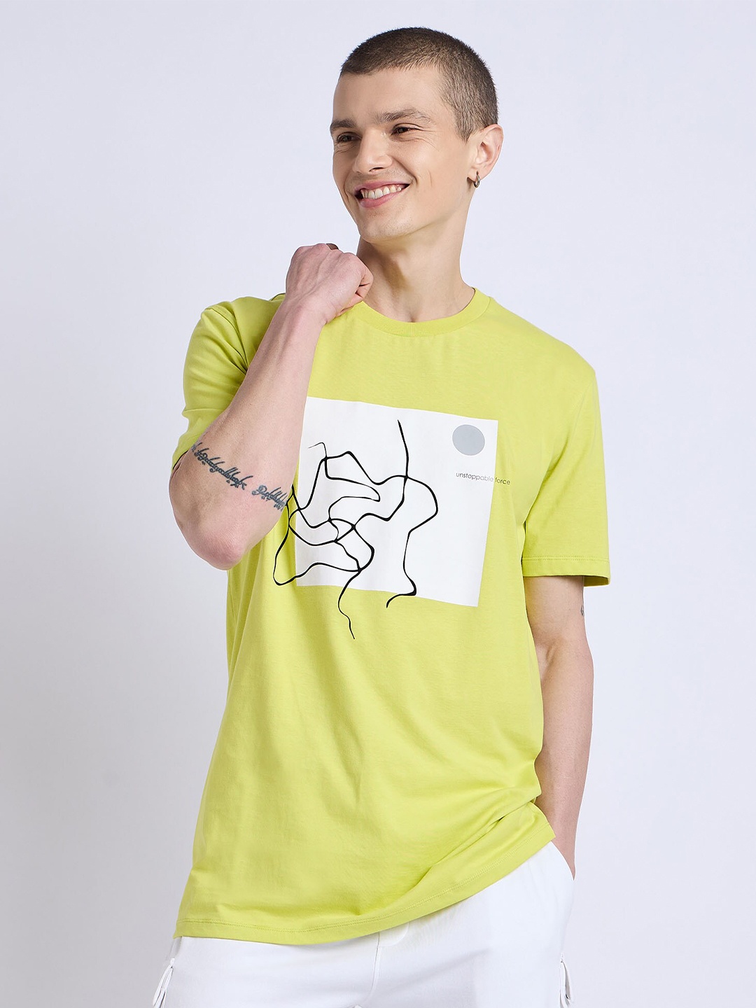 

EDRIO Graphic Printed Round Neck Cotton Casual T-shirt, Lime green