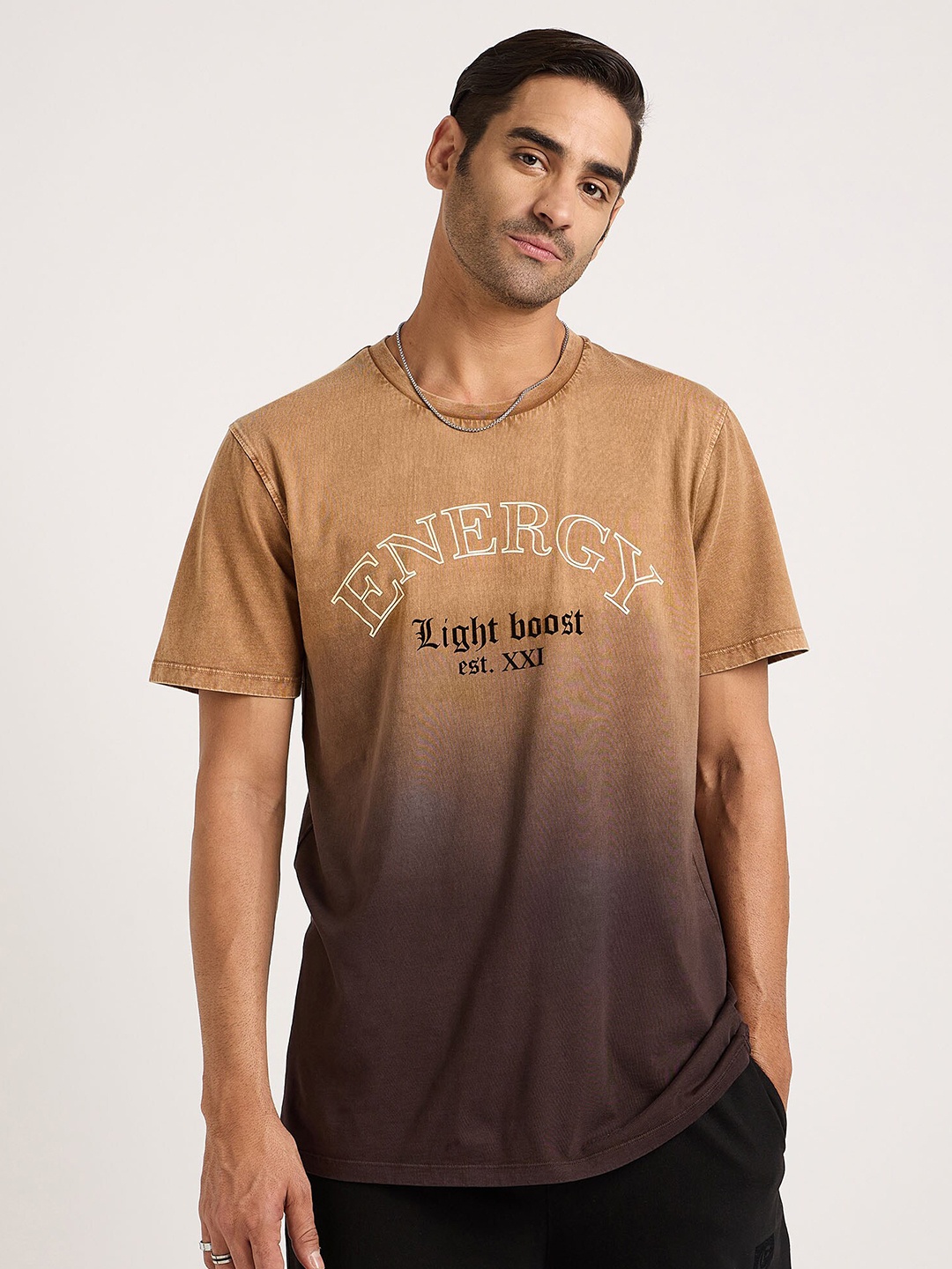

EDRIO Typography Printed Round Neck Cotton Casual T-shirt, Brown