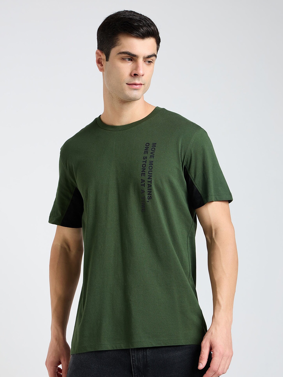 EDRIO Typography Printed Round Neck Cotton Casual T-shirt, Olive