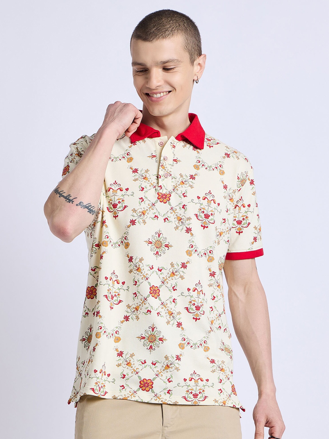 

EDRIO Floral Printed Polo Collar Cotton Casual T-shirt, White