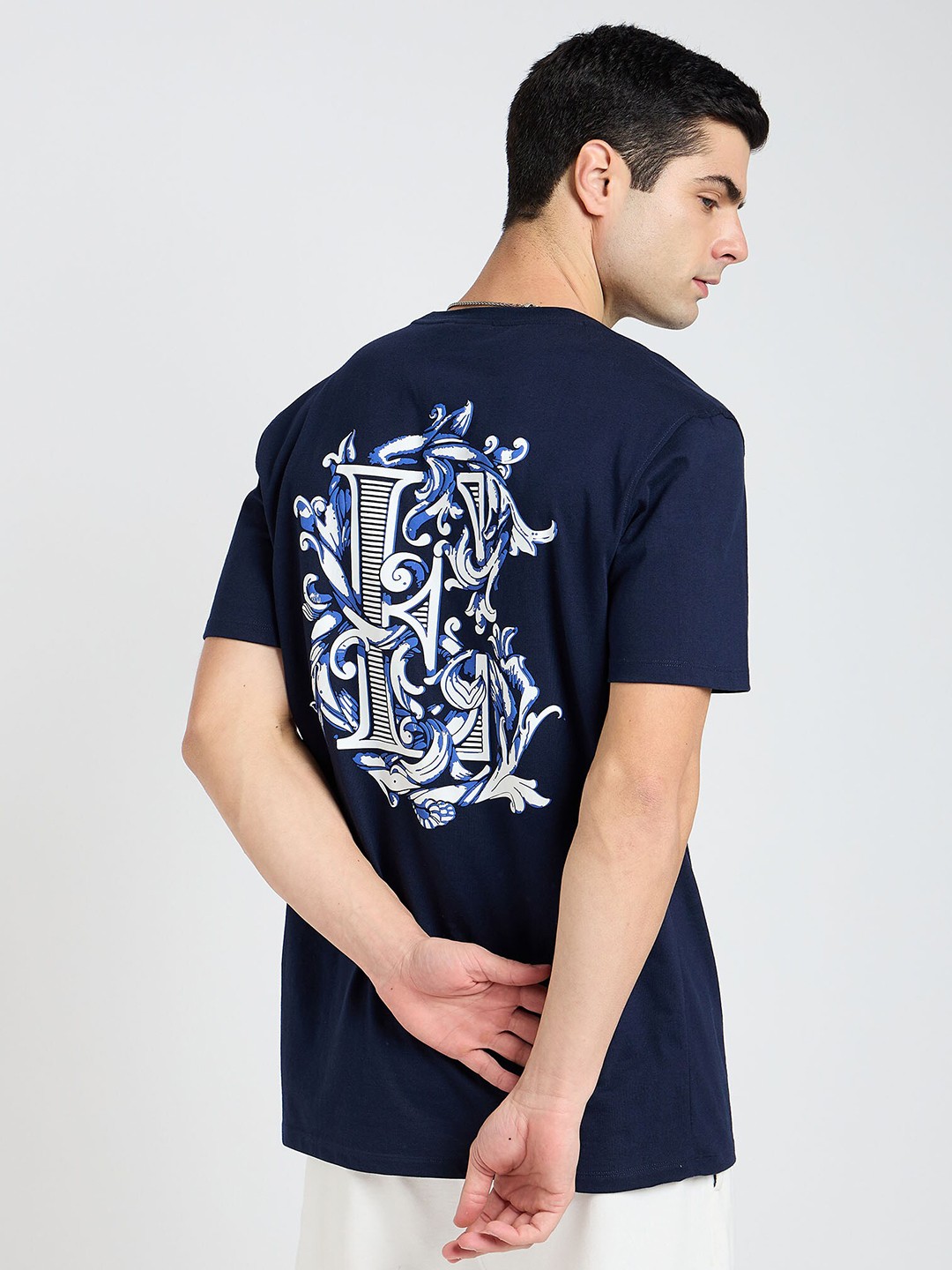 

EDRIO Round Neck Printed Cotton T-shirt, Navy blue