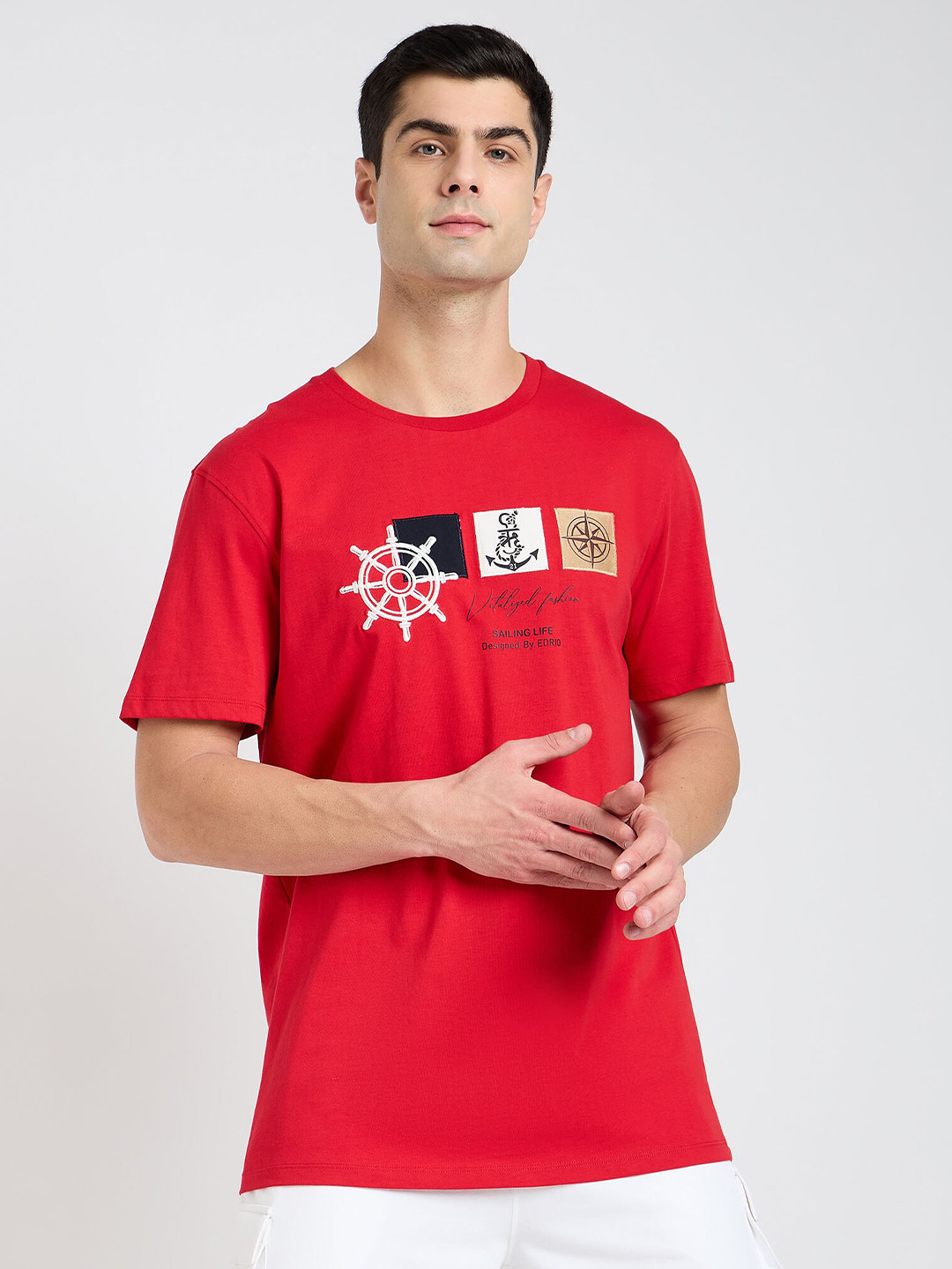 

EDRIO Graphic Printed Round Neck Cotton T-shirt, Red