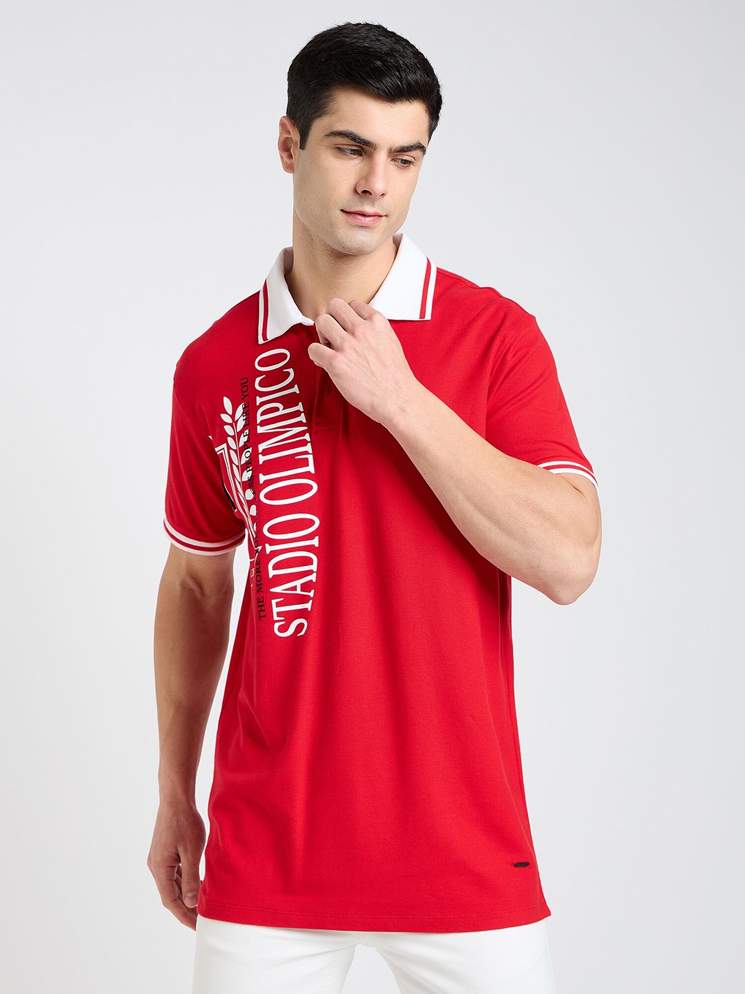 EDRIO Typography Printed Cotton Polo Collar T-shirt, Red