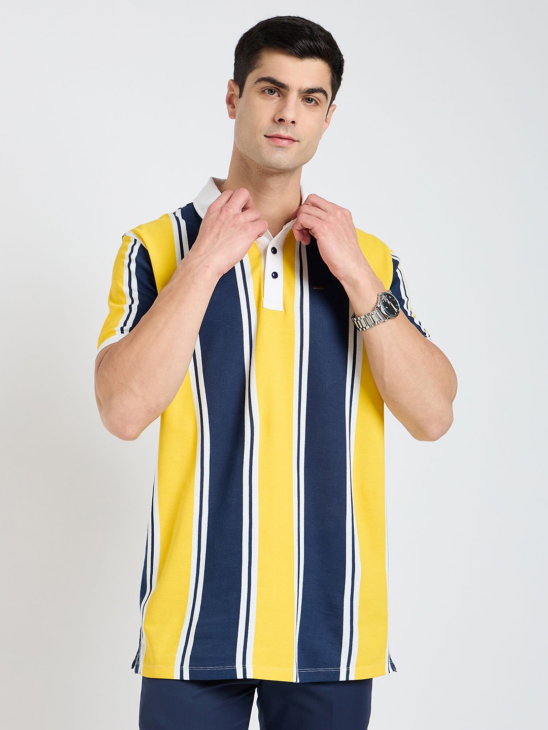 

EDRIO Striped Polo Collar Cotton T-shirt, White
