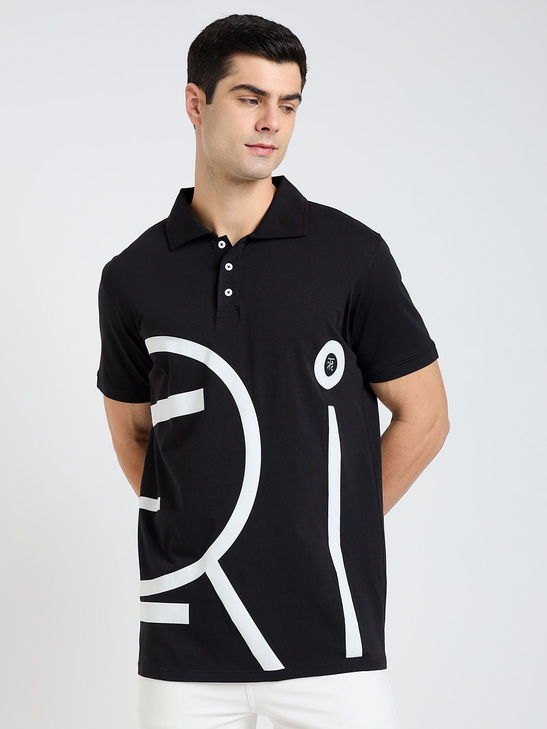 

EDRIO Graphic Printed Polo Collar Cotton T-shirt, Black