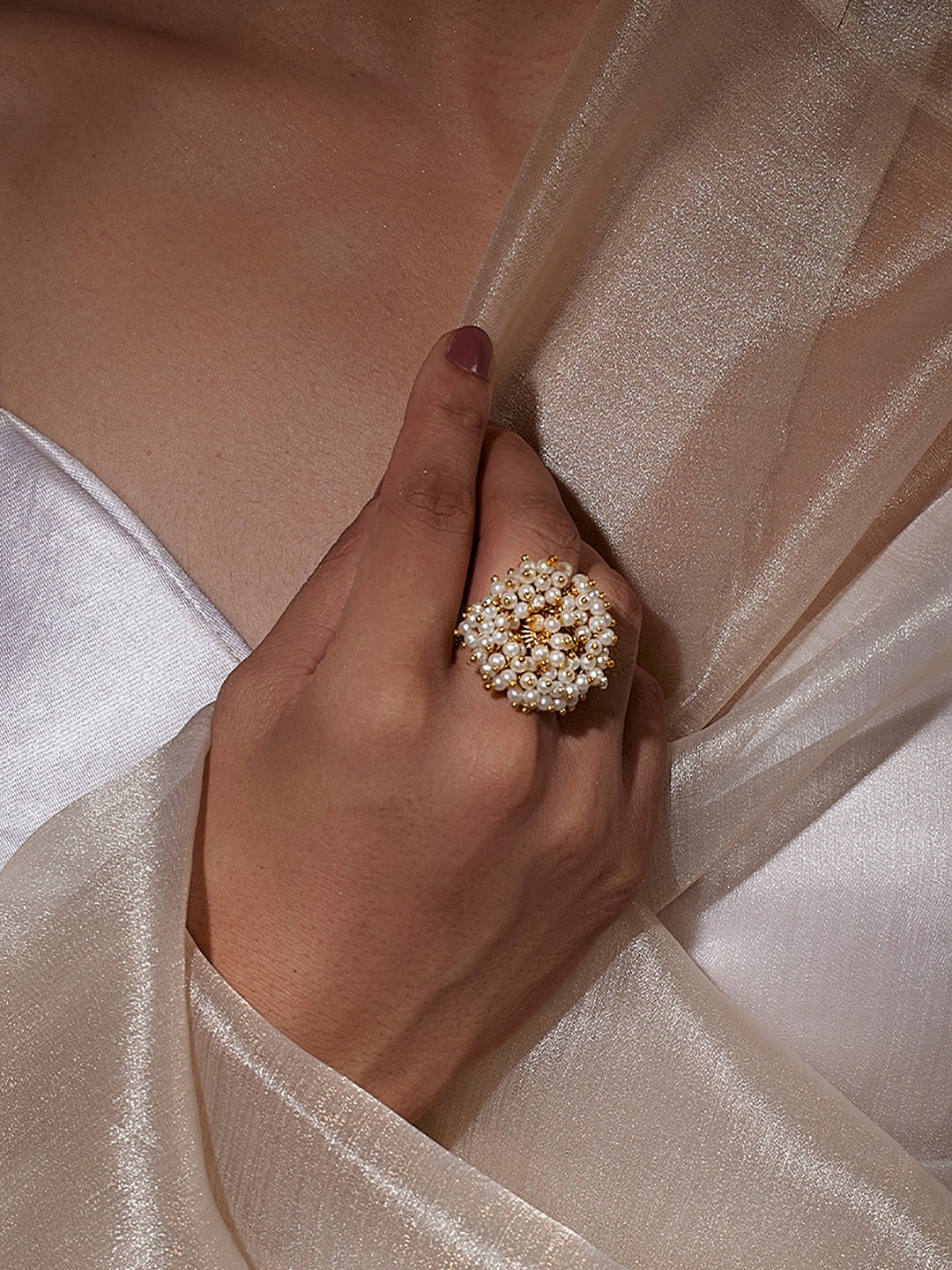 

Mirraw Gold-Plated Pearl-Beaded Adjustable Finger Ring