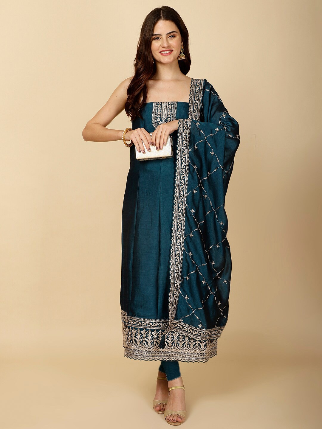 

Meena Bazaar Ethnic Motifs Embroidered Sequinned Detailed Unstitched Dress Material, Teal