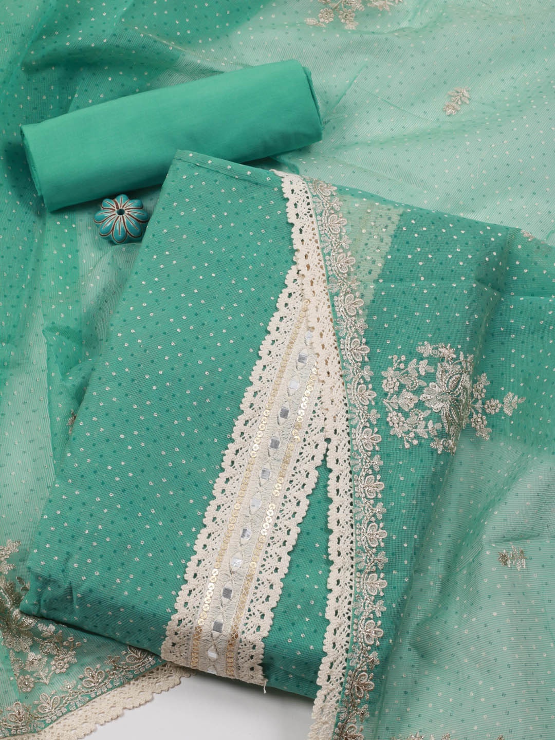 

Meena Bazaar Floral Embroidered Unstitched Dress Material, Sea green