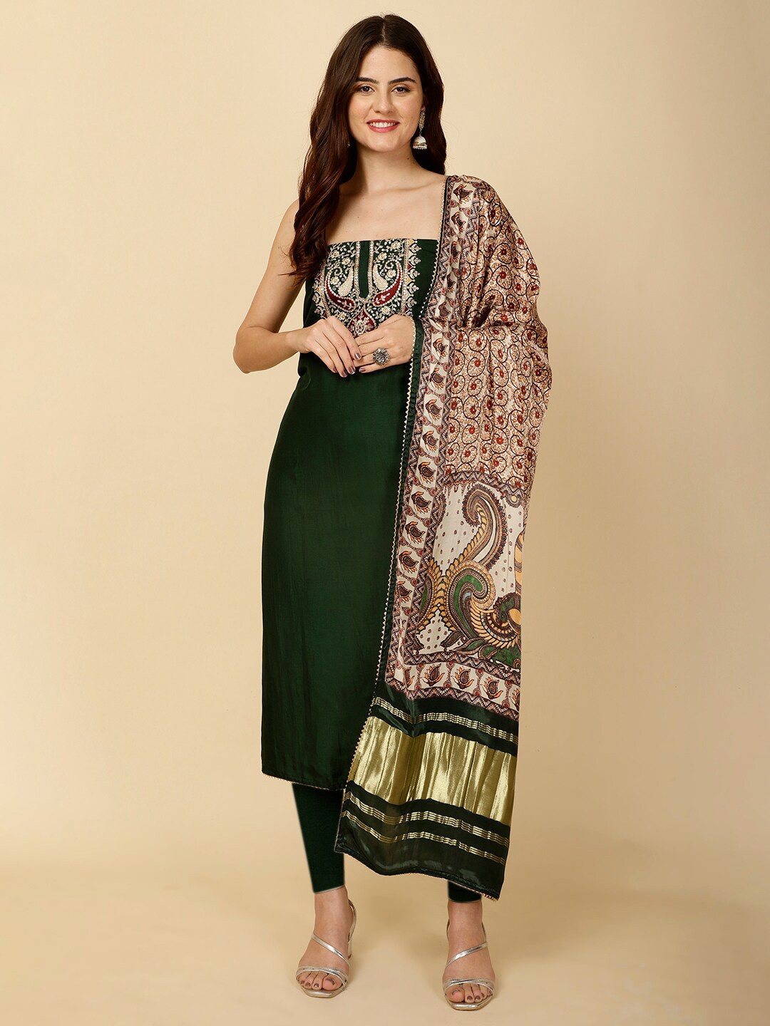 

Meena Bazaar Ethnic Motifs Embroidered Sequinned Detailed Unstitched Dress Material, Green