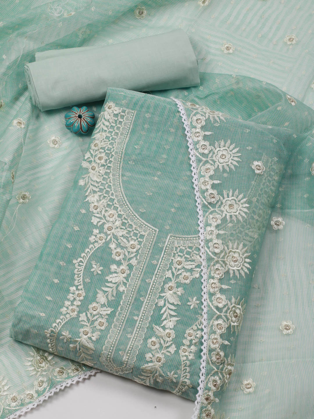 

Meena Bazaar Floral Embroidered Unstitched Dress Material, Sea green
