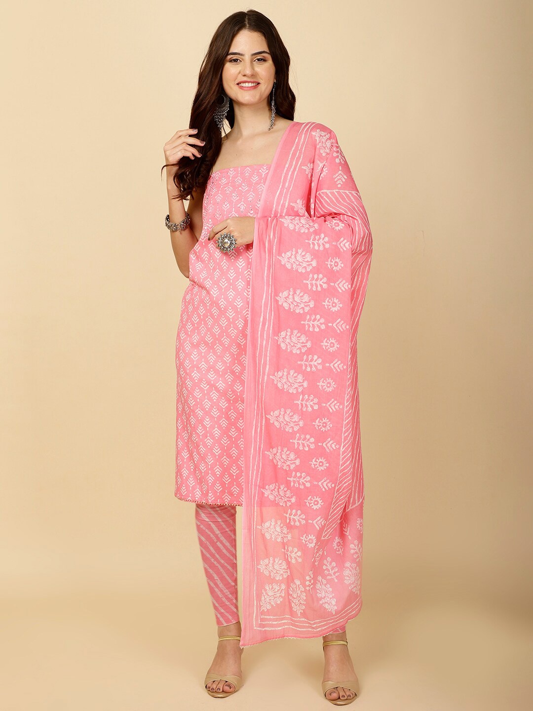 

Meena Bazaar Bandhani Printed Gotta Patti Unstitched Dress Material, Pink
