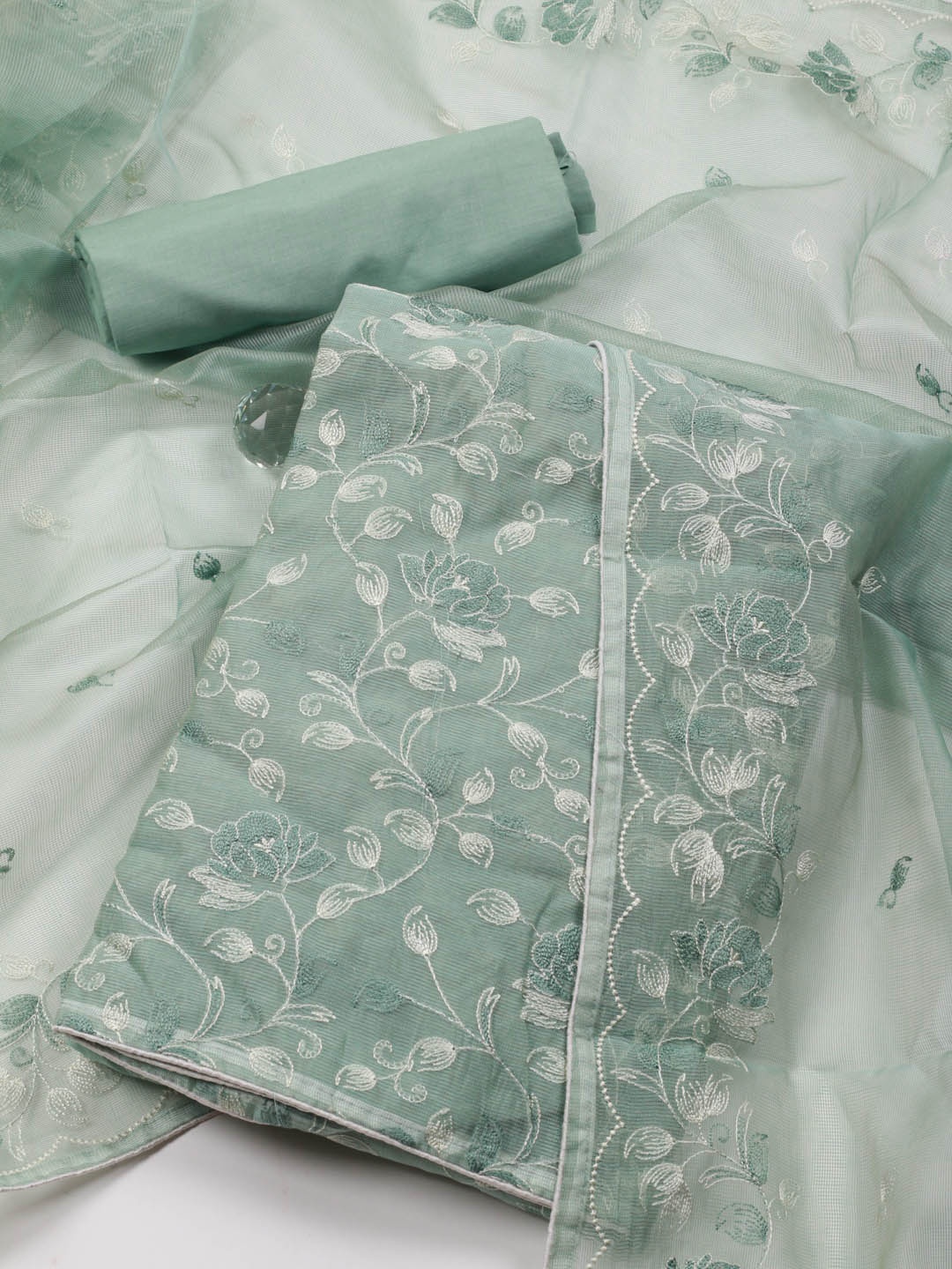 

Meena Bazaar Floral Embroidered Unstitched Dress Material, Sea green