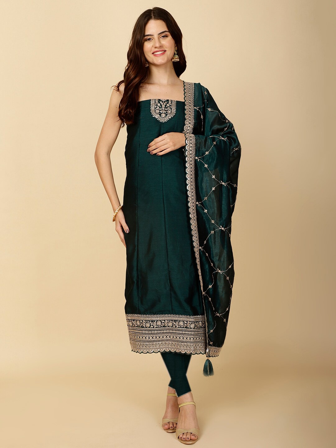 

Meena Bazaar Ethnic Motifs Embroidered Art Silk Unstitched Dress Material, Green