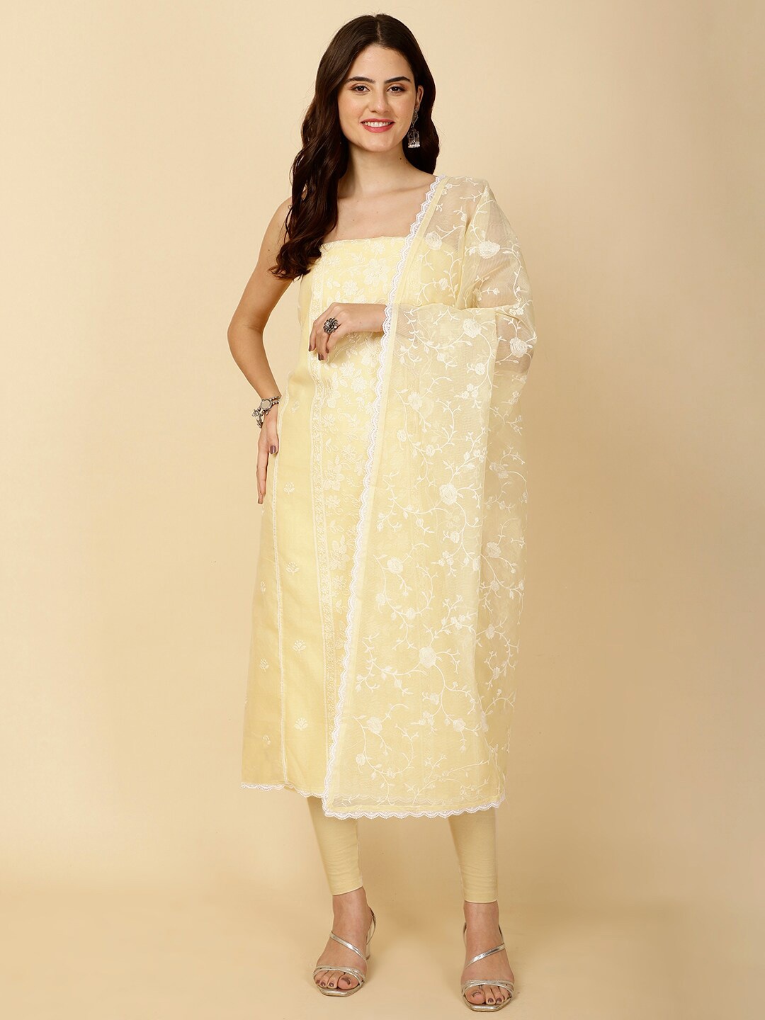 

Meena Bazaar Floral Embroidered Unstitched Dress Material, Yellow