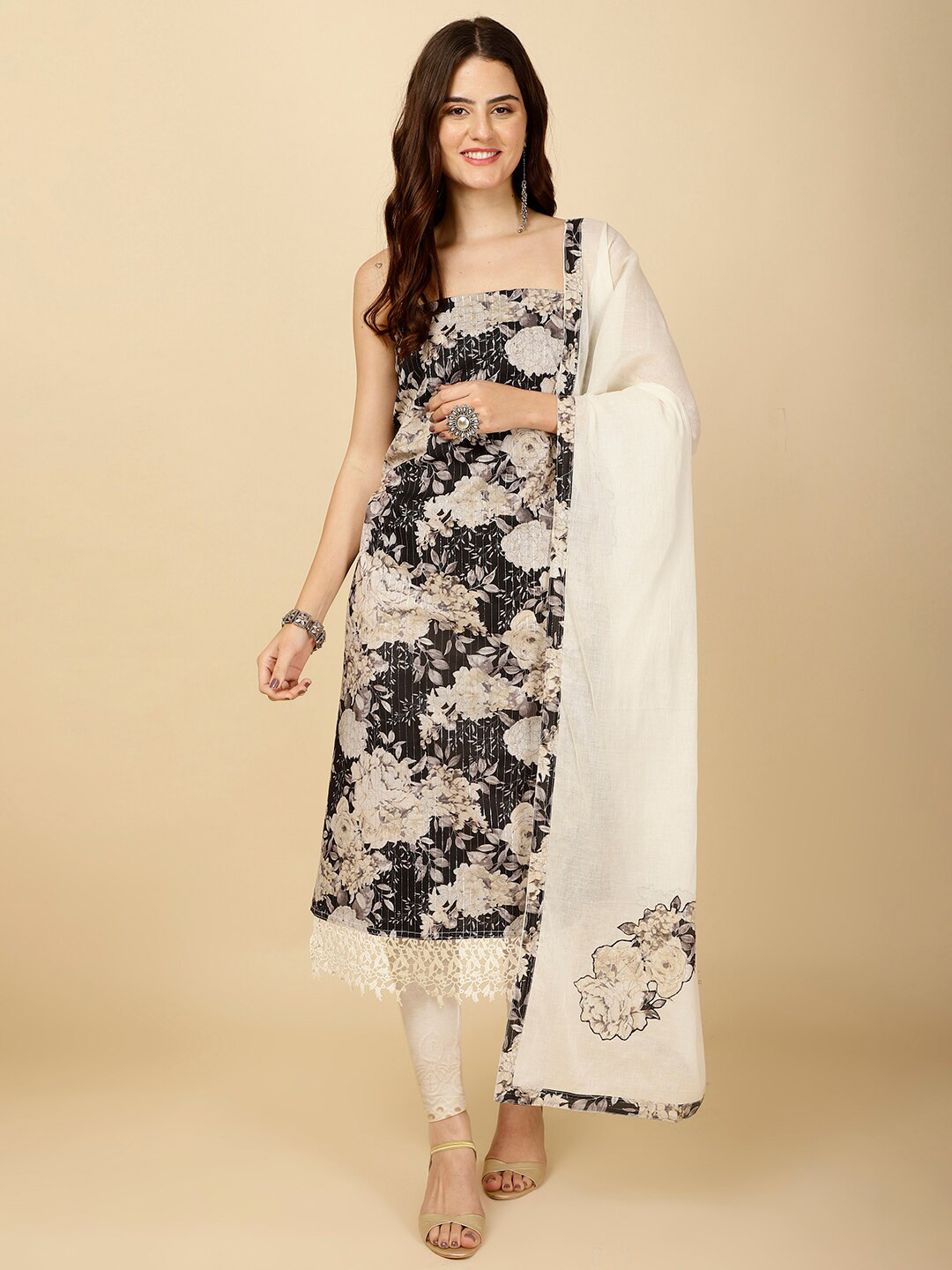 

Meena Bazaar Printed Unstitched Dress Material, Black