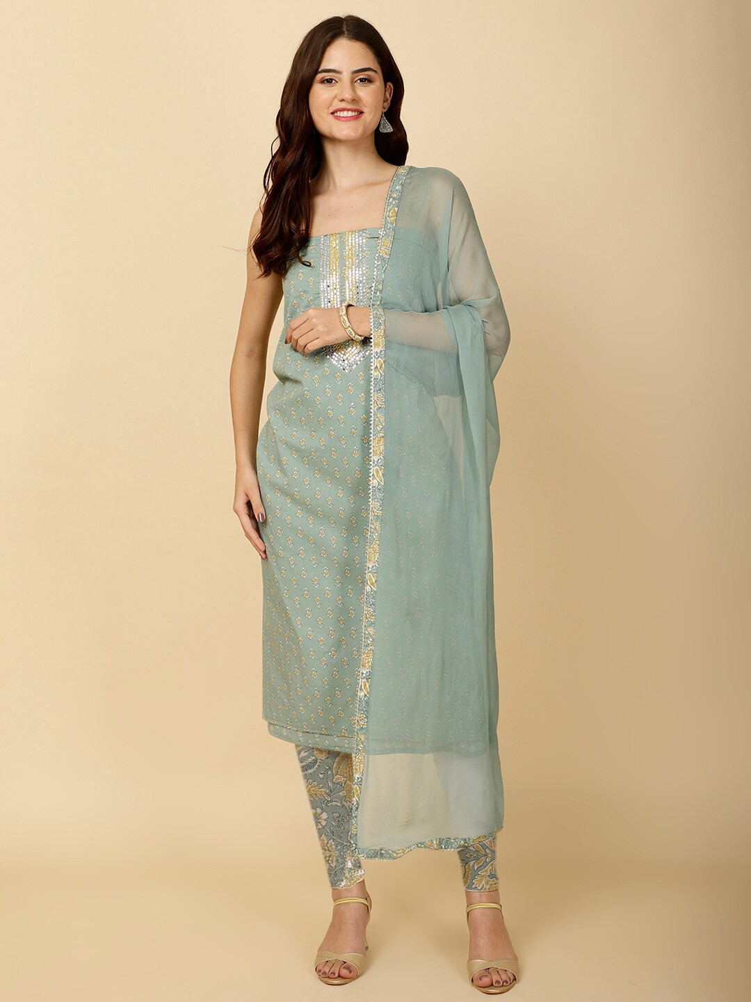 

Meena Bazaar Floral Printed Unstitched Dress Material, Sea green