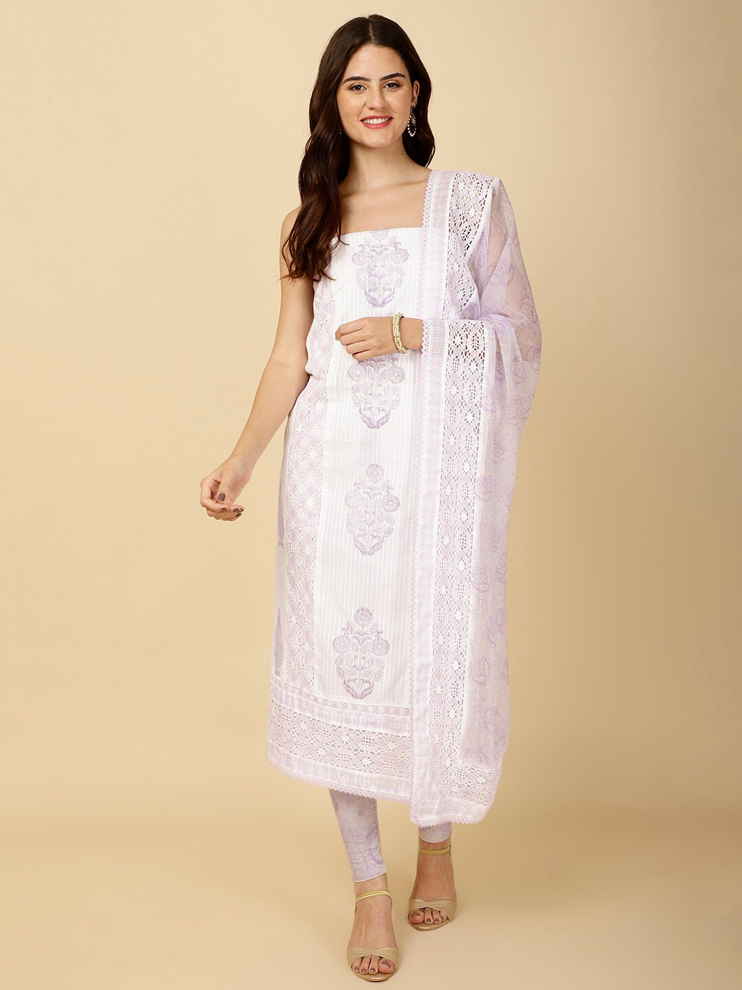 

Meena Bazaar Printed Unstitched Dress Material, White
