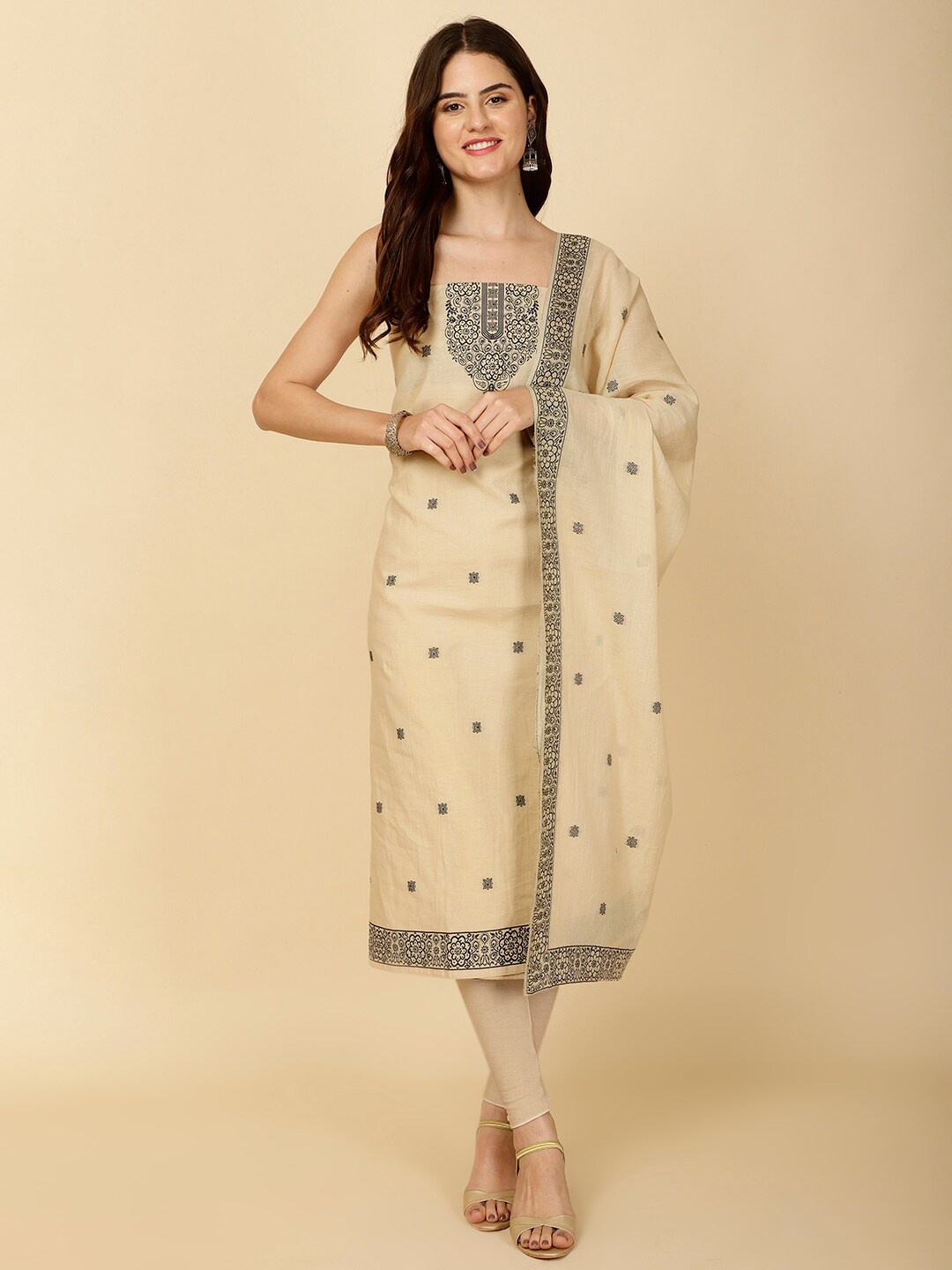 

Meena Bazaar Floral Embroidered Unstitched Dress Material, Beige