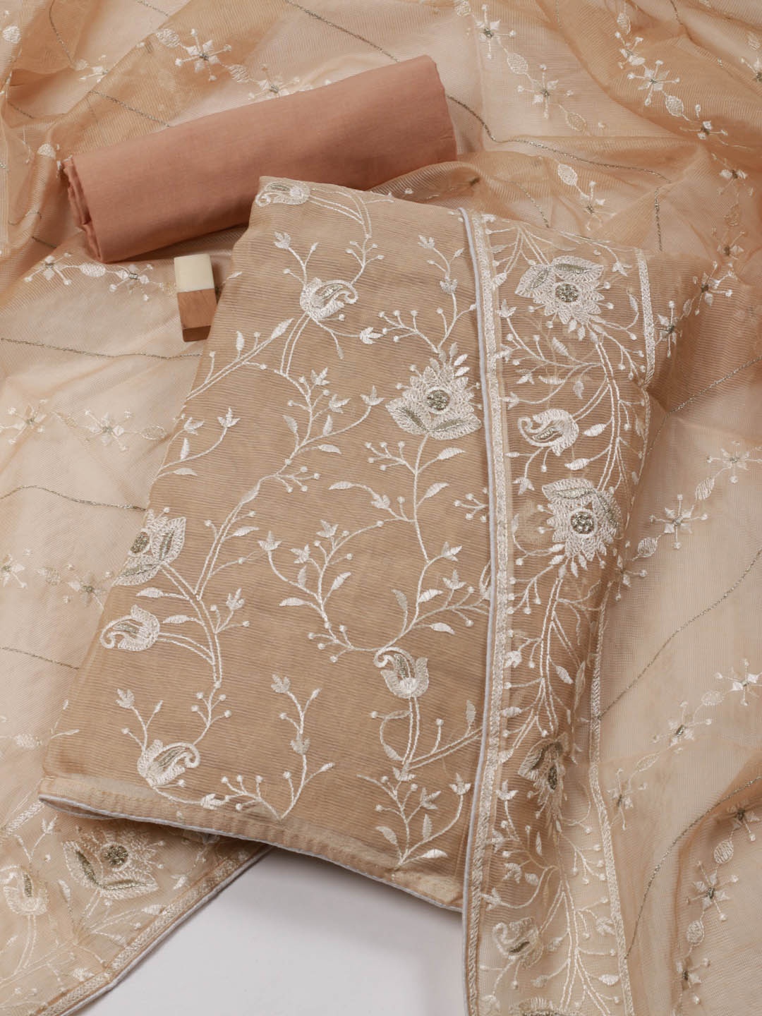 

Meena Bazaar Floral Embroidered Thread Work Detailed Unstitched Dress Material, Beige