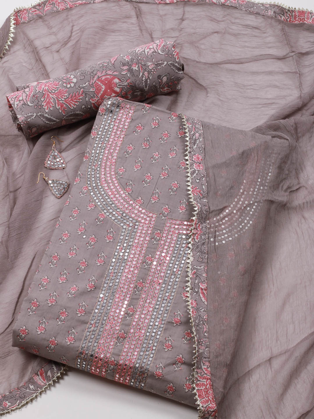 

Meena Bazaar Floral Printed Unstitched Dress Material, Grey