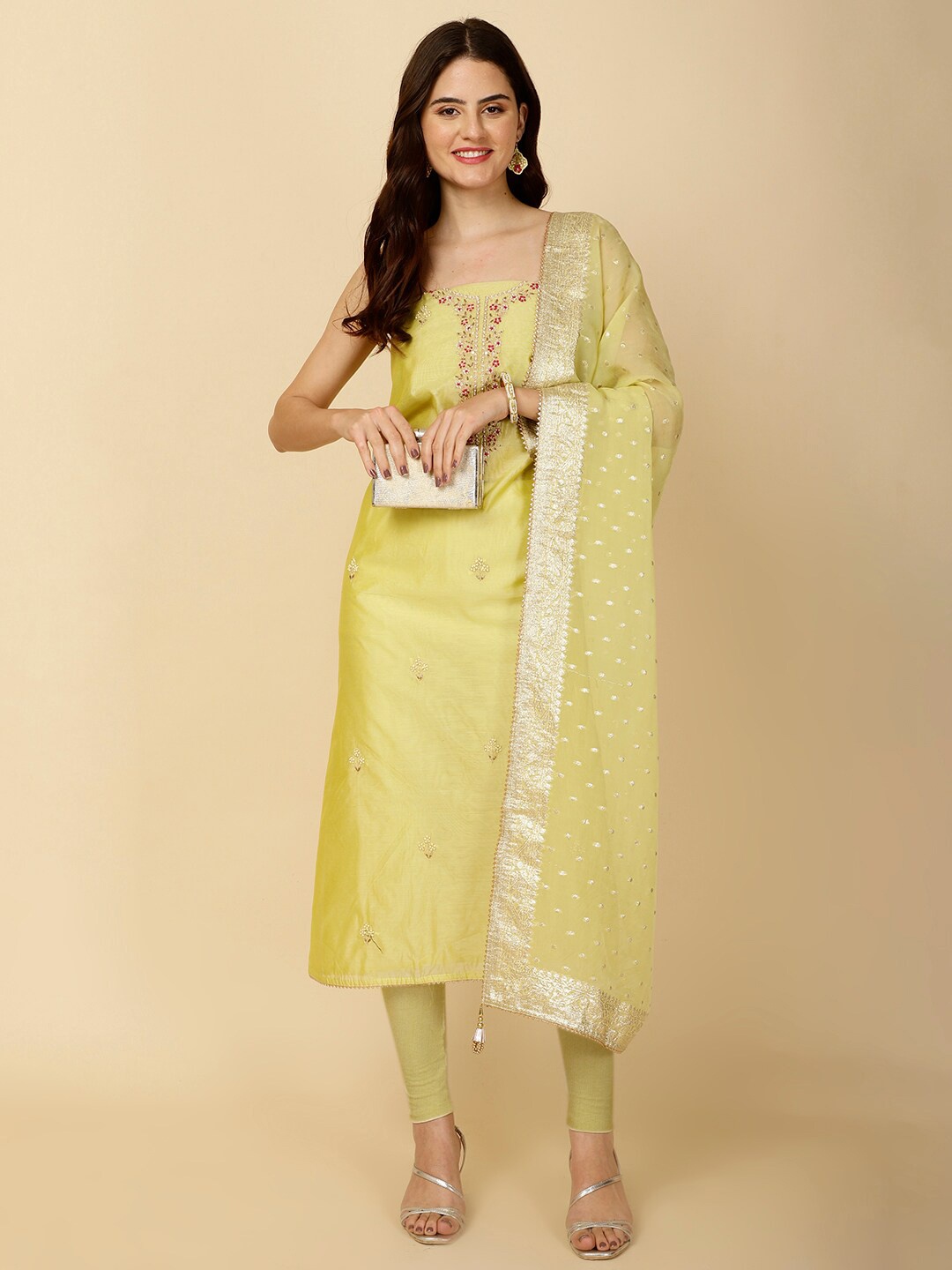 

Meena Bazaar Embroidered Art Silk Unstitched Dress Material, Yellow