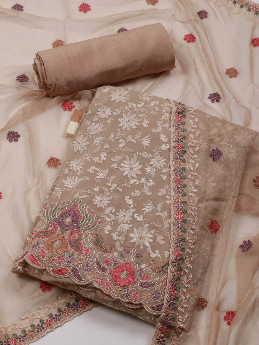 

Meena Bazaar Floral Embroidered Thread Work Detailed Unstitched Dress Material, Beige