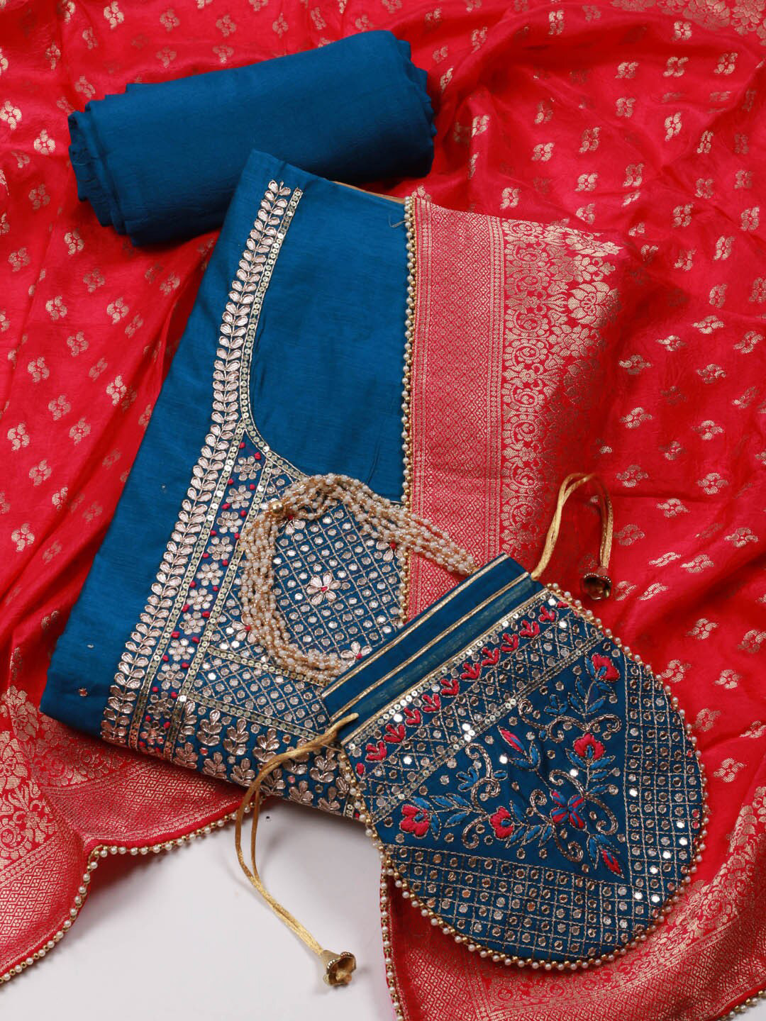 

Meena Bazaar Floral Embroidered Art Silk Unstitched Dress Material, Blue