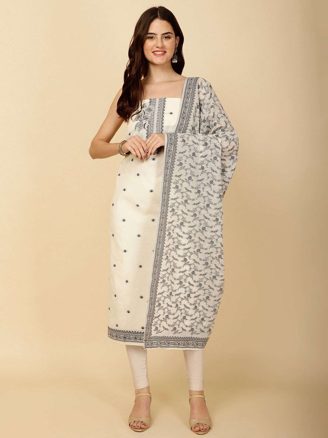 

Meena Bazaar Floral Embroidered Unstitched Dress Material, Cream