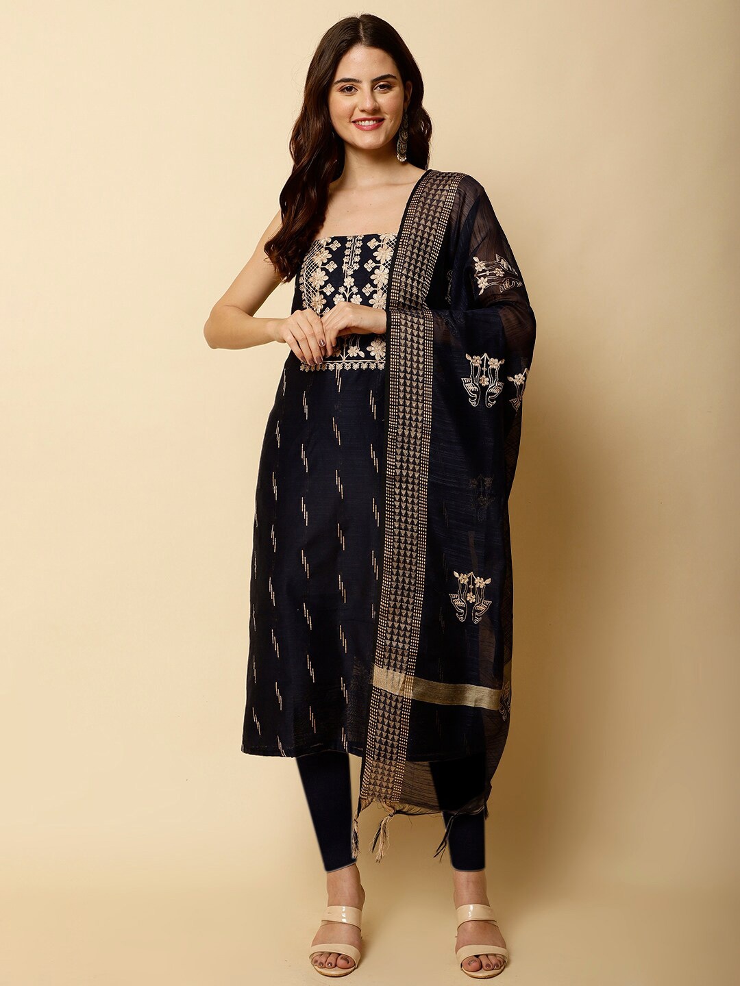 

Meena Bazaar Floral Art Silk Unstitched Dress Material, Navy blue