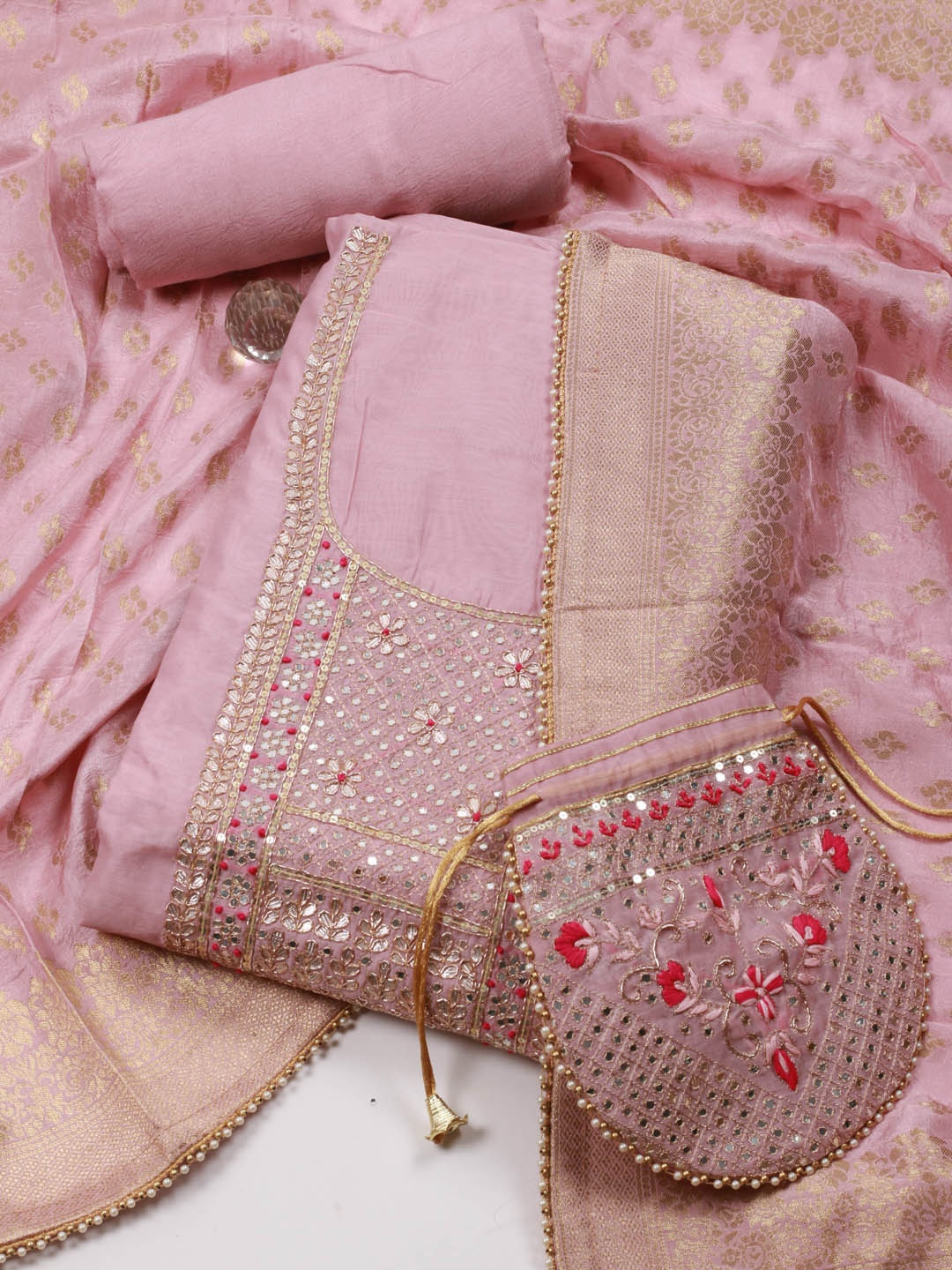 

Meena Bazaar Floral Embroidered Art Silk Unstitched Dress Material, Pink
