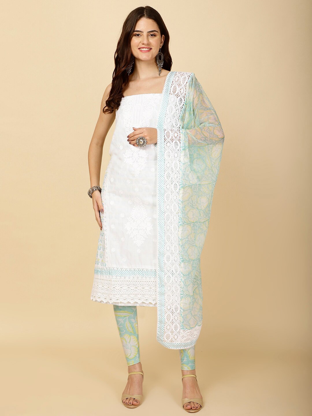 

Meena Bazaar Floral Embroidered Unstitched Dress Material, White