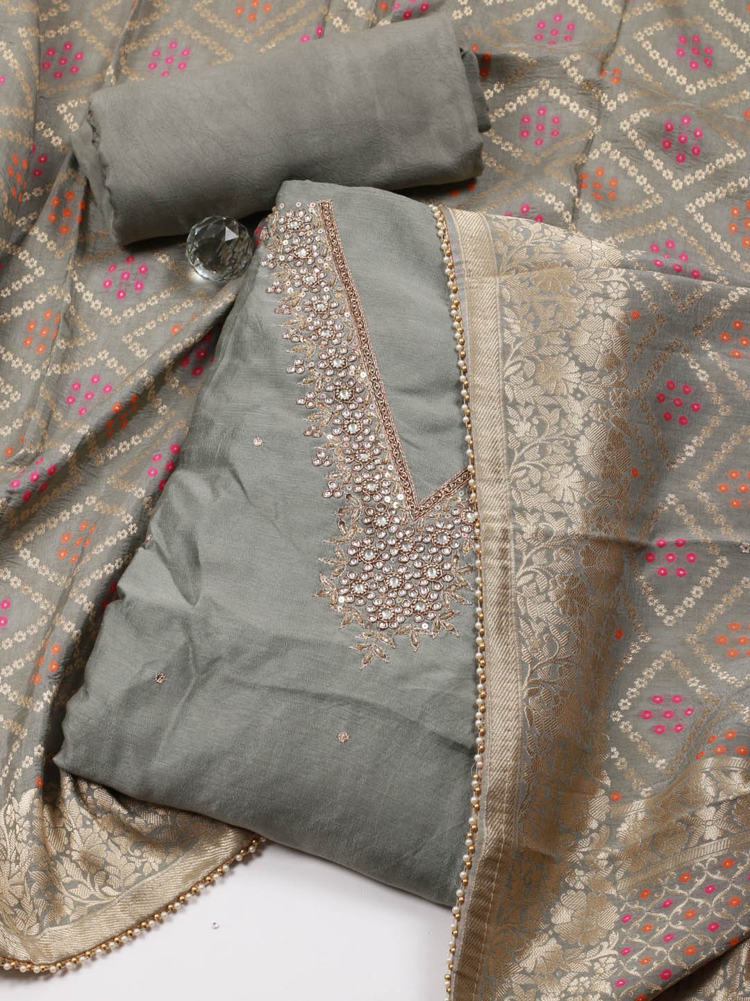 

Meena Bazaar Embroidered Unstitched Dress Material, Grey