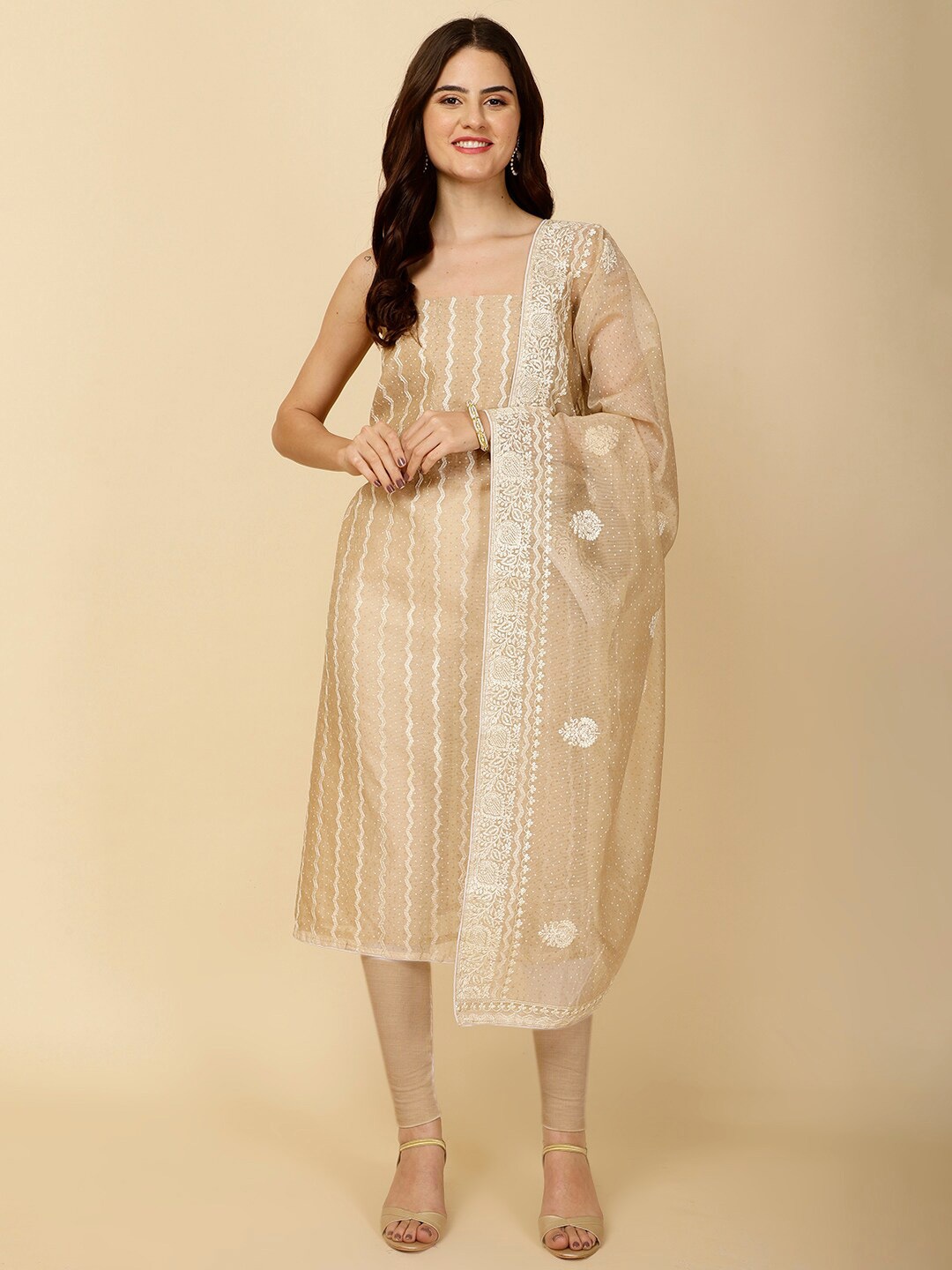 

Meena Bazaar Ethnic Motifs Embroidered Unstitched Dress Material, Beige