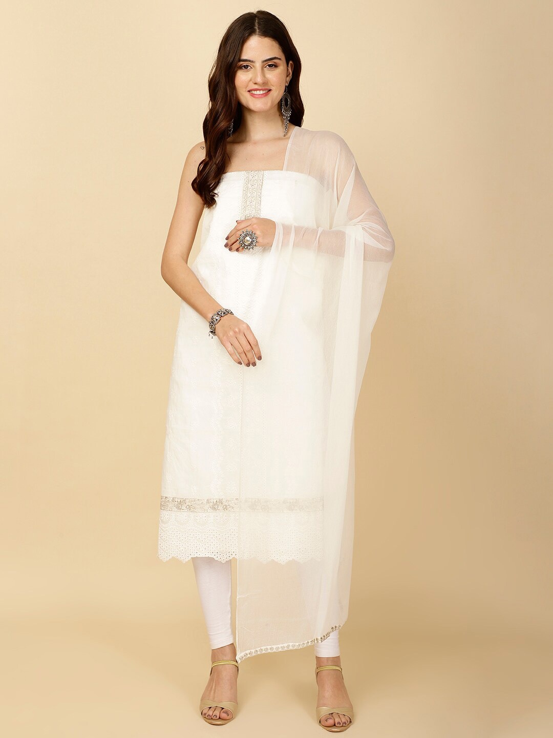 

Meena Bazaar Floral Unstitched Dress Material, White