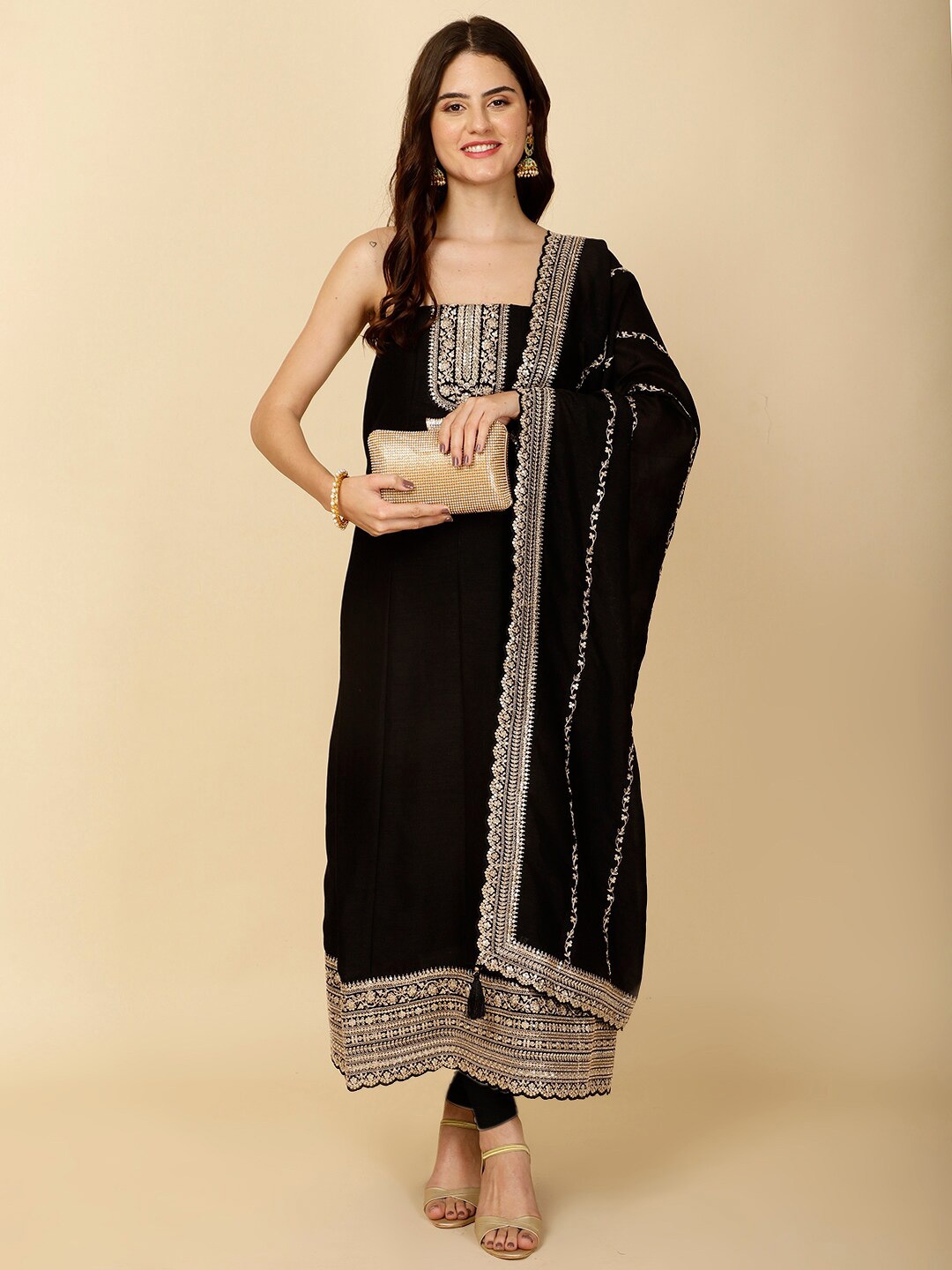 

Meena Bazaar Floral Embroidered Art Silk Unstitched Dress Material, Black