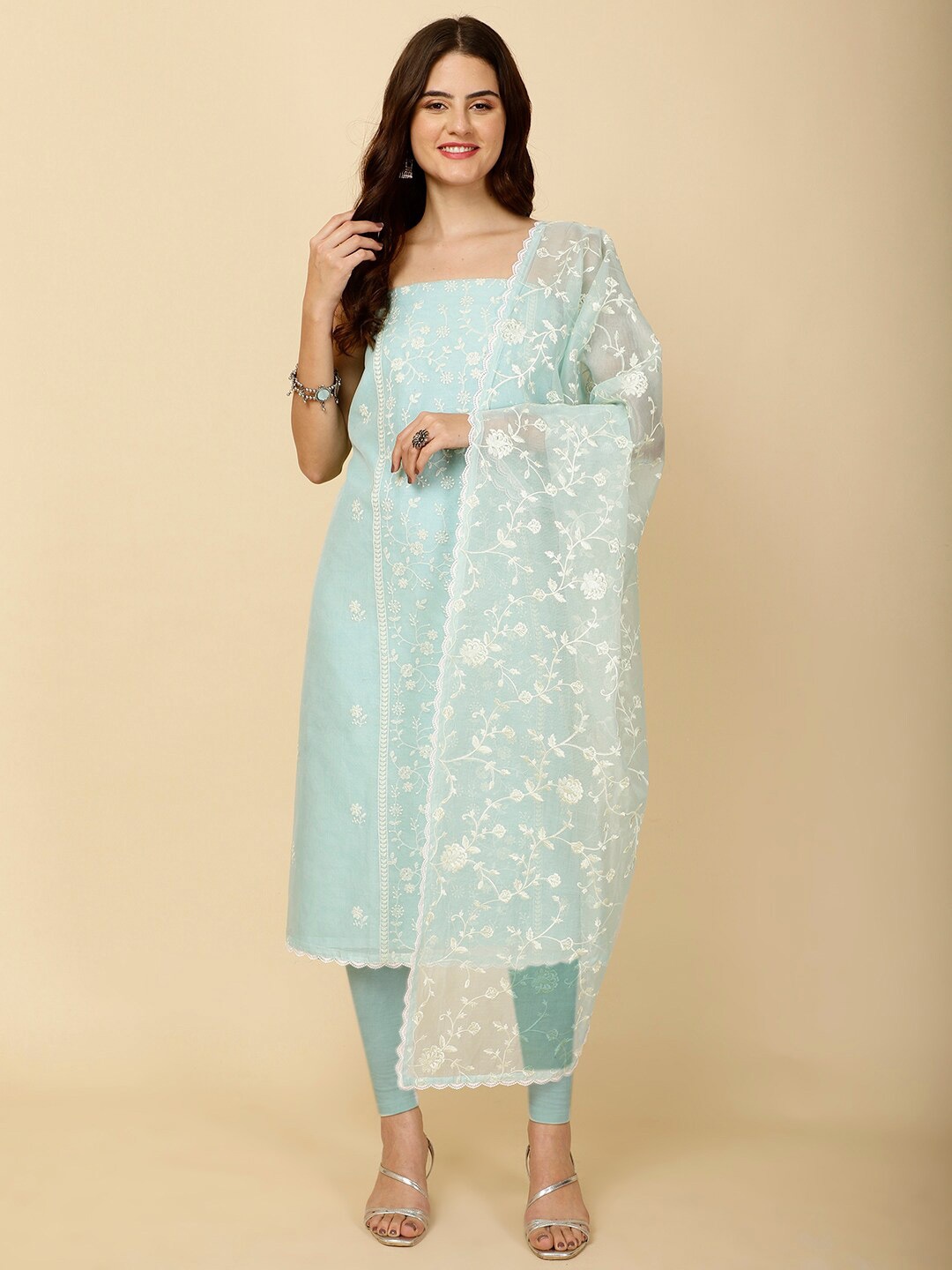 

Meena Bazaar Floral Embroidered Unstitched Dress Material, Blue
