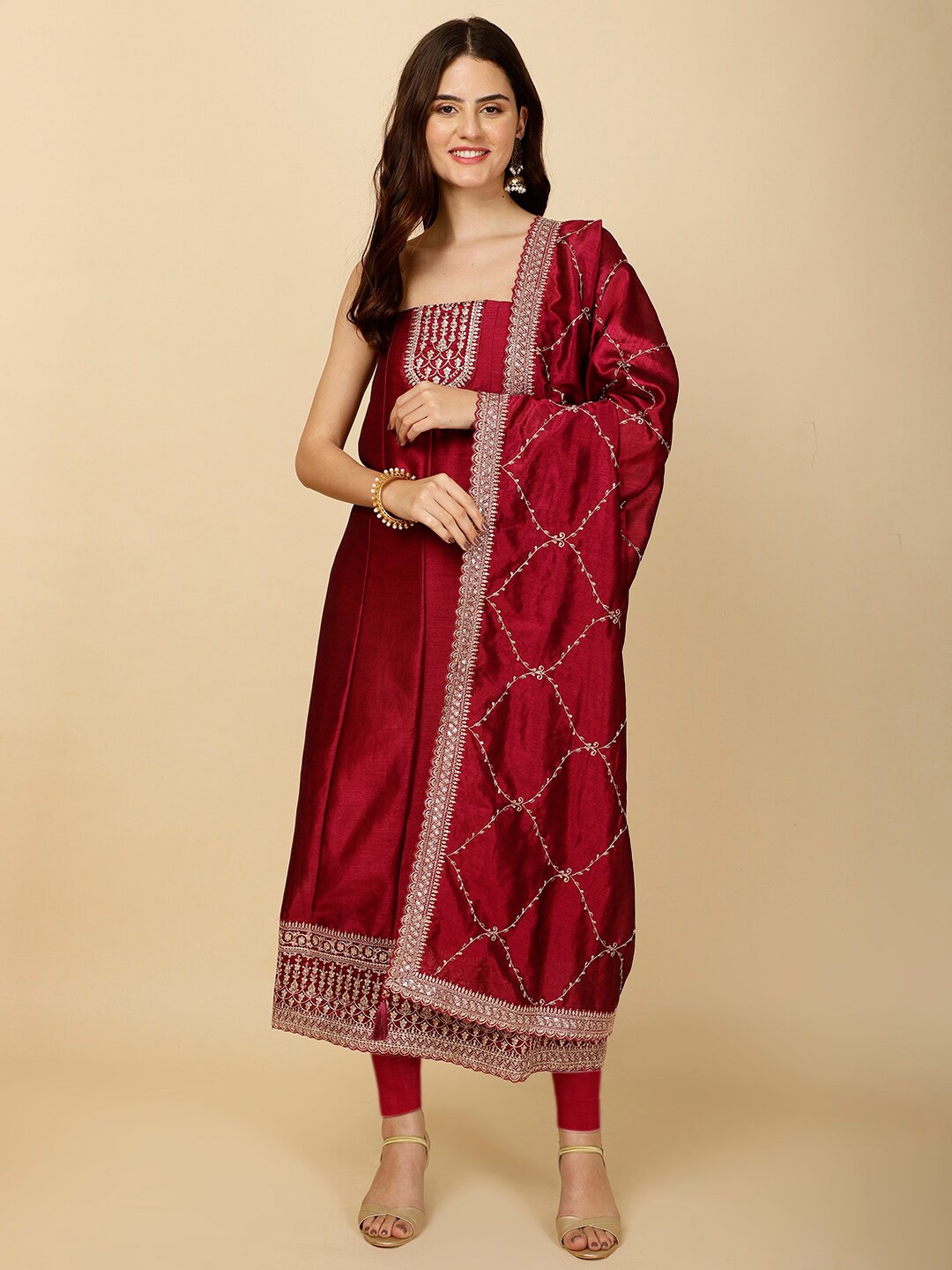 

Meena Bazaar Embroidered Art Silk Unstitched Dress Material, Burgundy