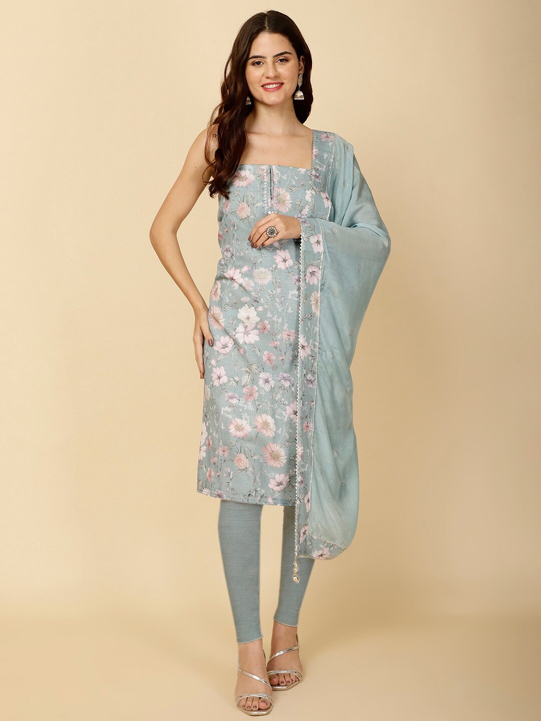 

Meena Bazaar Printed Unstitched Dress Material, Sea green