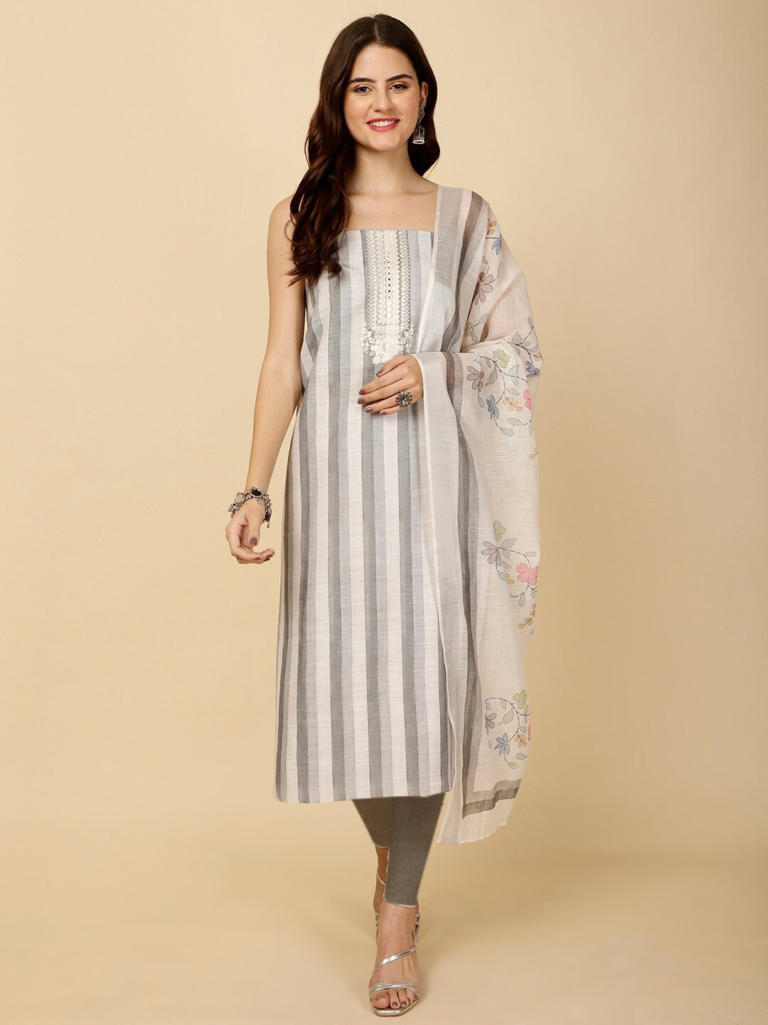 

Meena Bazaar Striped Printed Linen Unstitched Dress Material, Grey