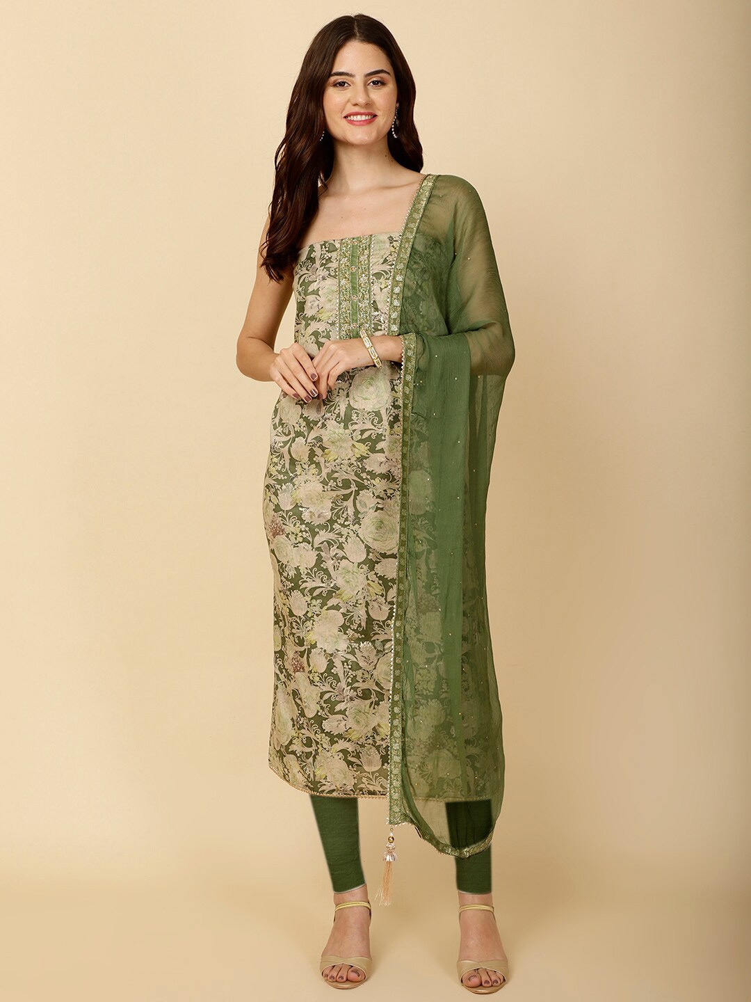 

Meena Bazaar Floral Printed Unstitched Dress Material, Green