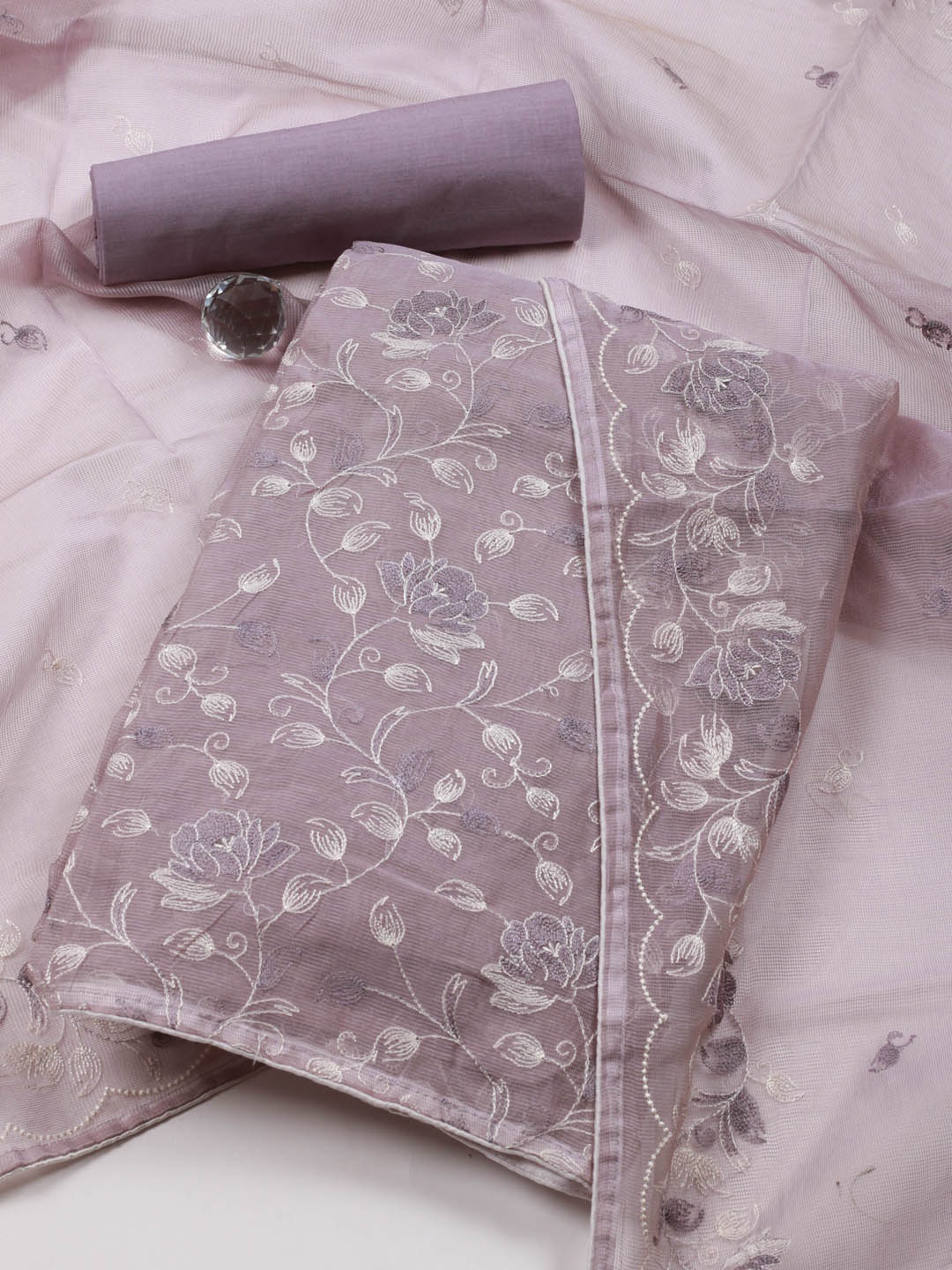 

Meena Bazaar Floral Embroidered Thread Work Detailed Unstitched Dress Material, Purple