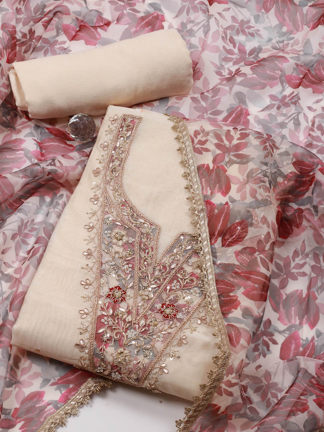 

Meena Bazaar Embroidered Art Silk Unstitched Dress Material, Cream