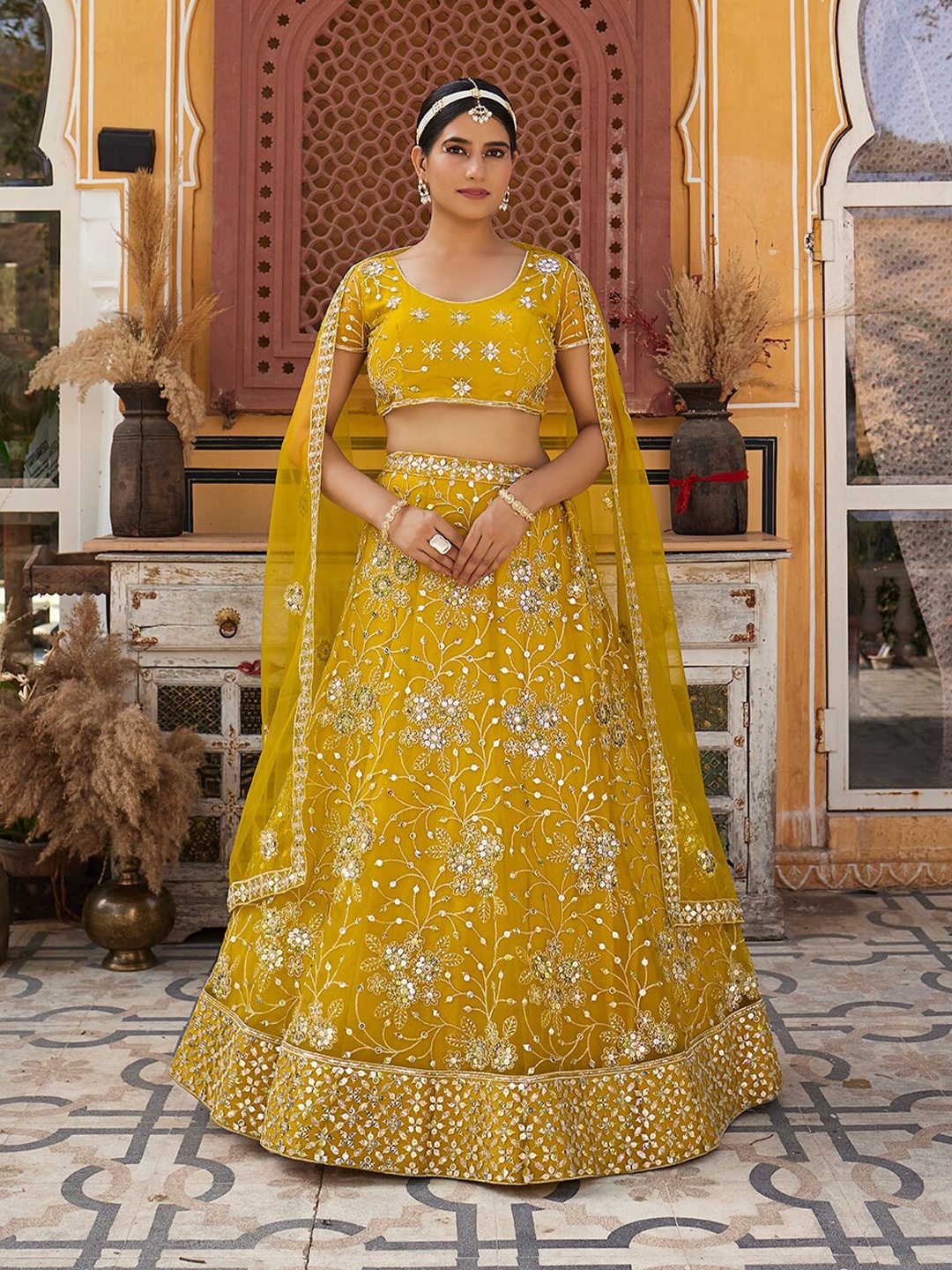 

SHOPGARB Embroidered Sequinned Semi-Stitched Lehenga & Unstitched Blouse With Dupatta, Mustard