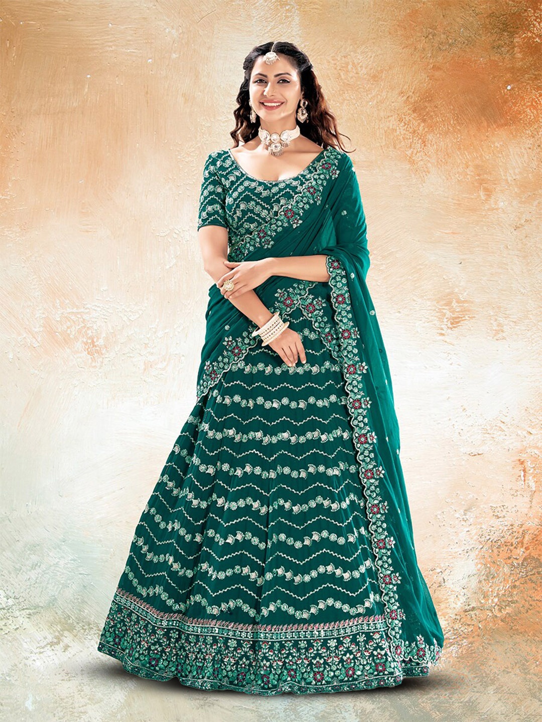 

SHOPGARB Embroidered Sequinned Semi-Stitched Lehenga & Unstitched Blouse With Dupatta, Green