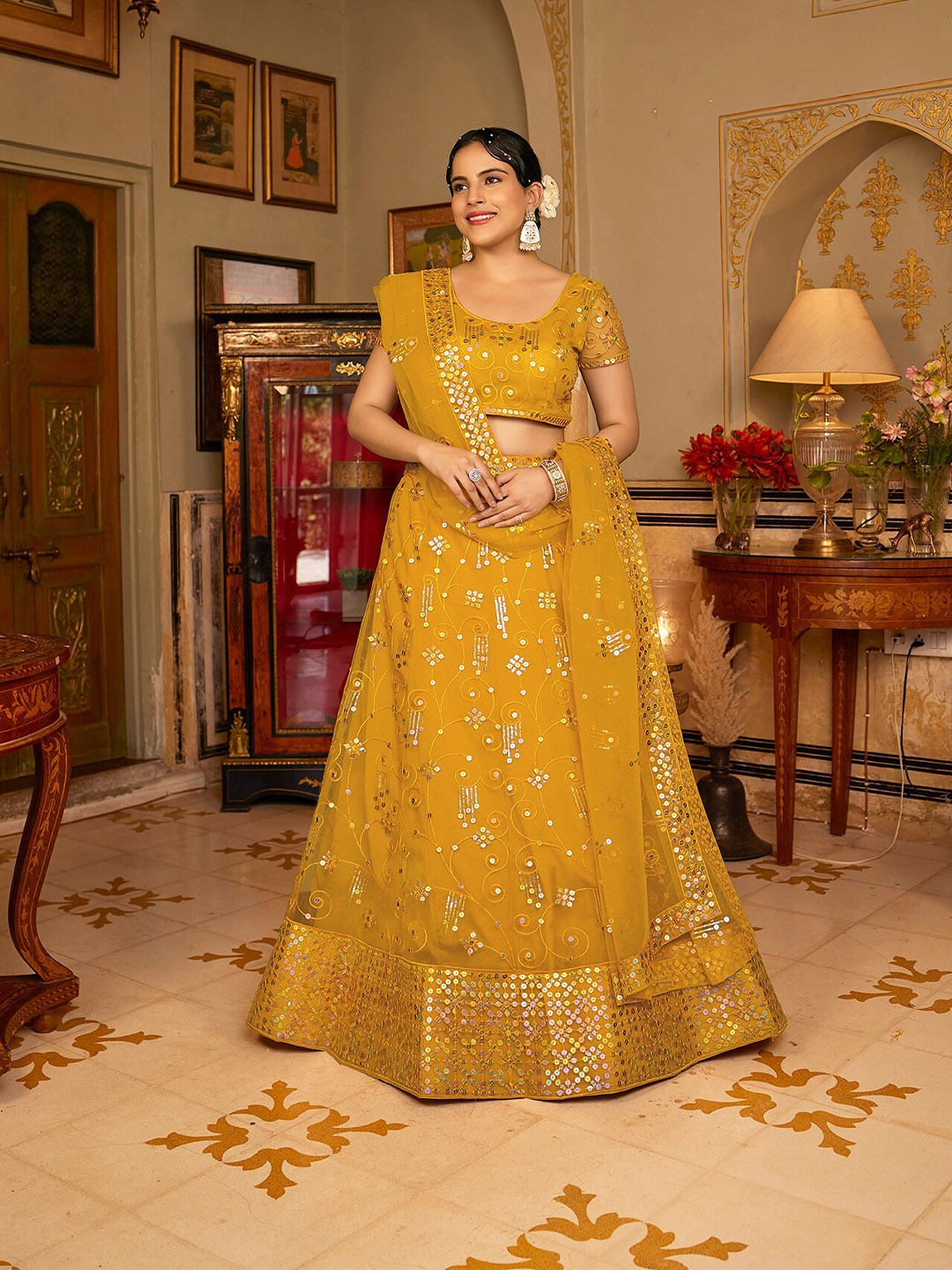 

SHOPGARB Embroidered Sequinned Semi-Stitched Lehenga & Unstitched Blouse With Dupatta, Mustard